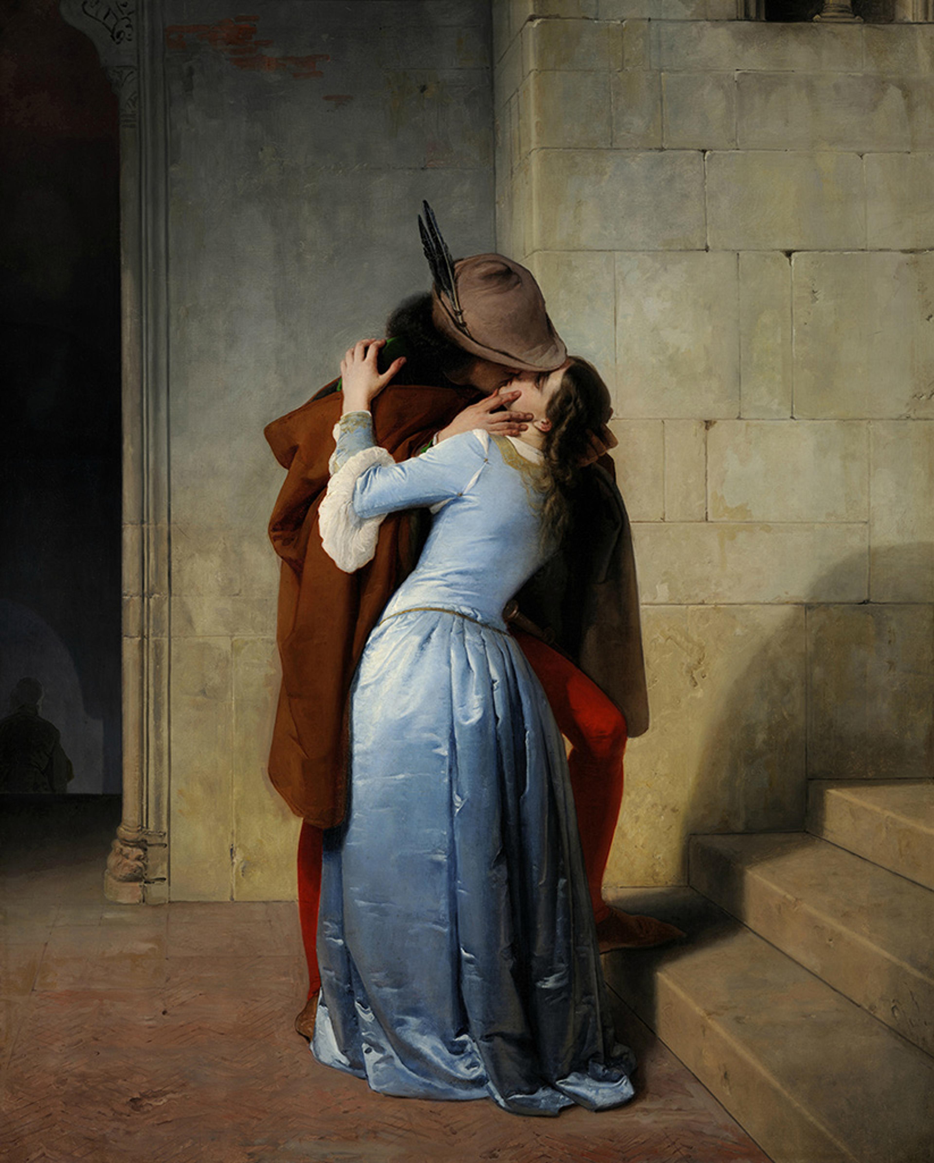 A romantic painting of a couple kissing on stone steps, with the man in red tights and a hat, woman in a blue dress.