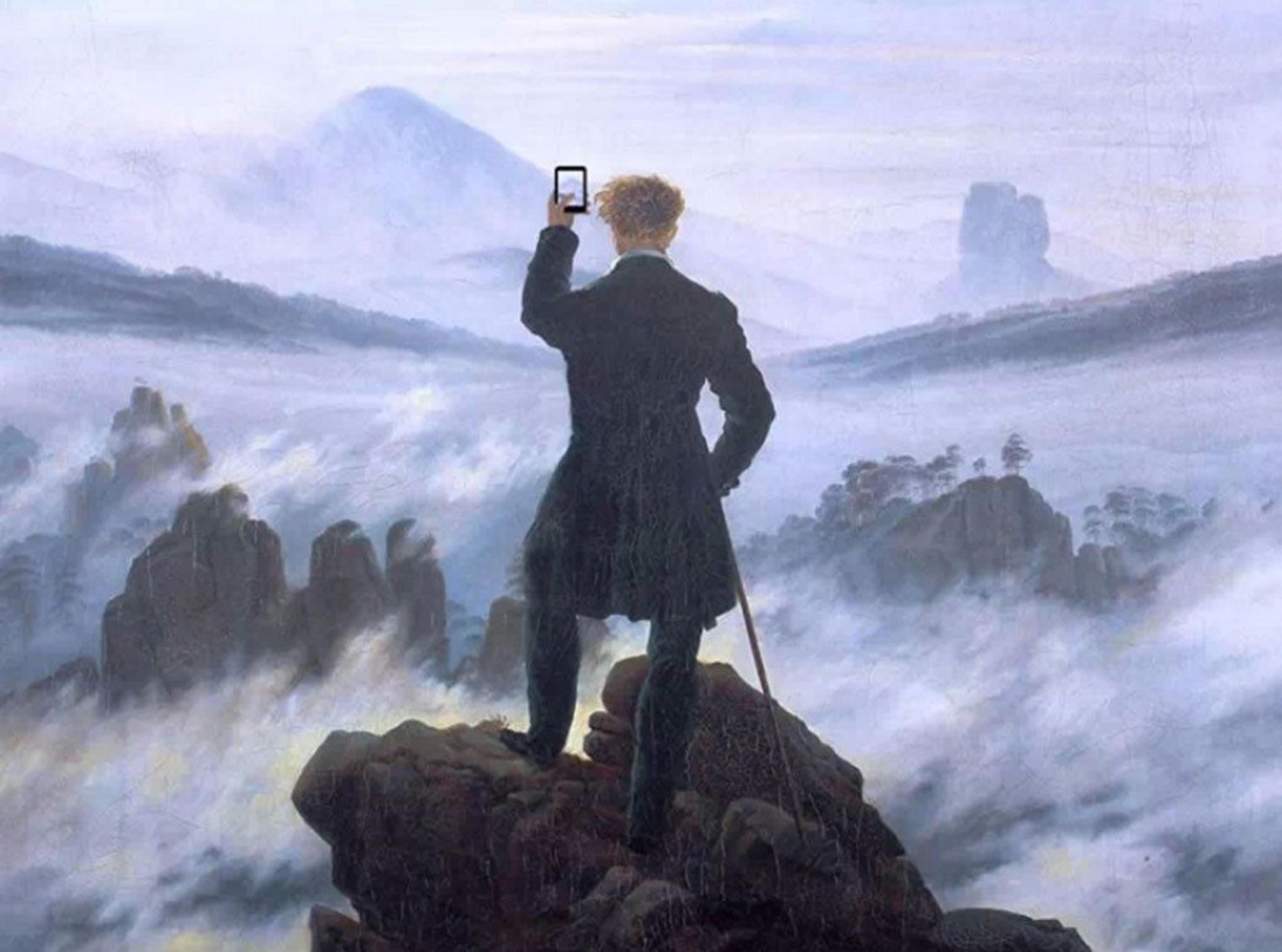 Painting of person on a misty mountain holding a smartphone capturing the landscape, inspired by Romantic art.