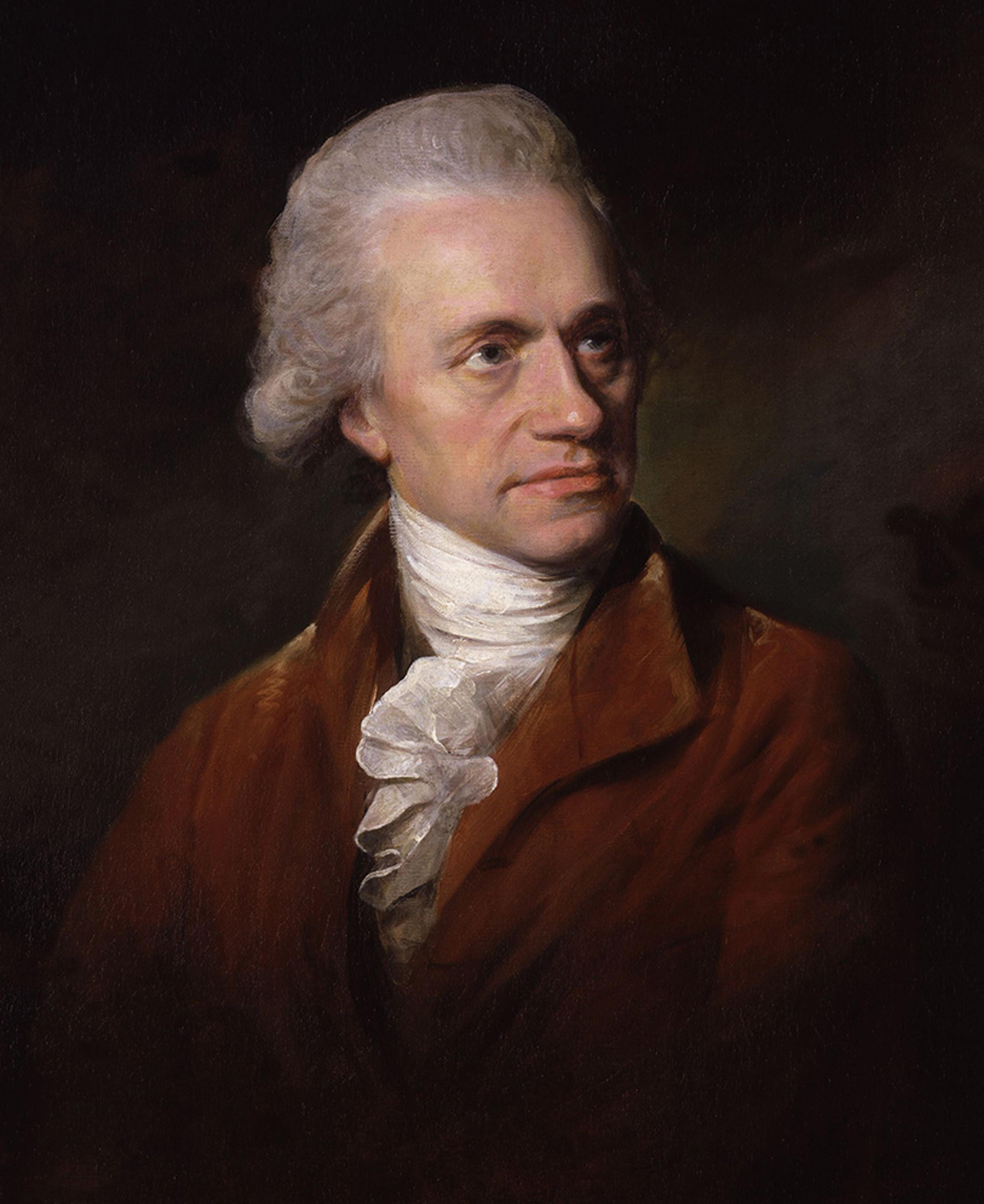 Portrait painting of an 18th-century man with white hair in a brown coat and white cravat against a dark background.