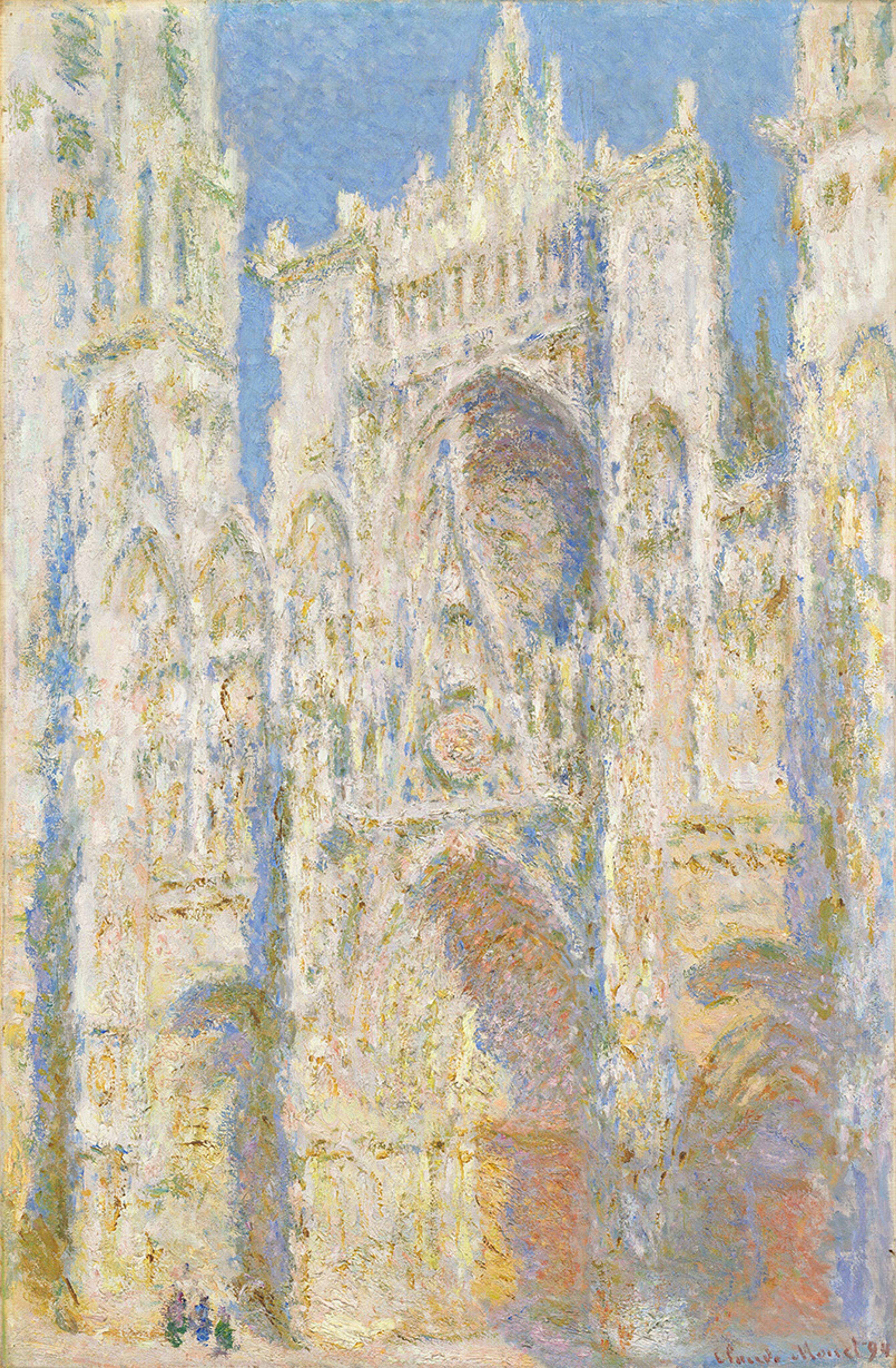 Impressionist painting of a gothic cathedral facade with soft colours and light brushstrokes.