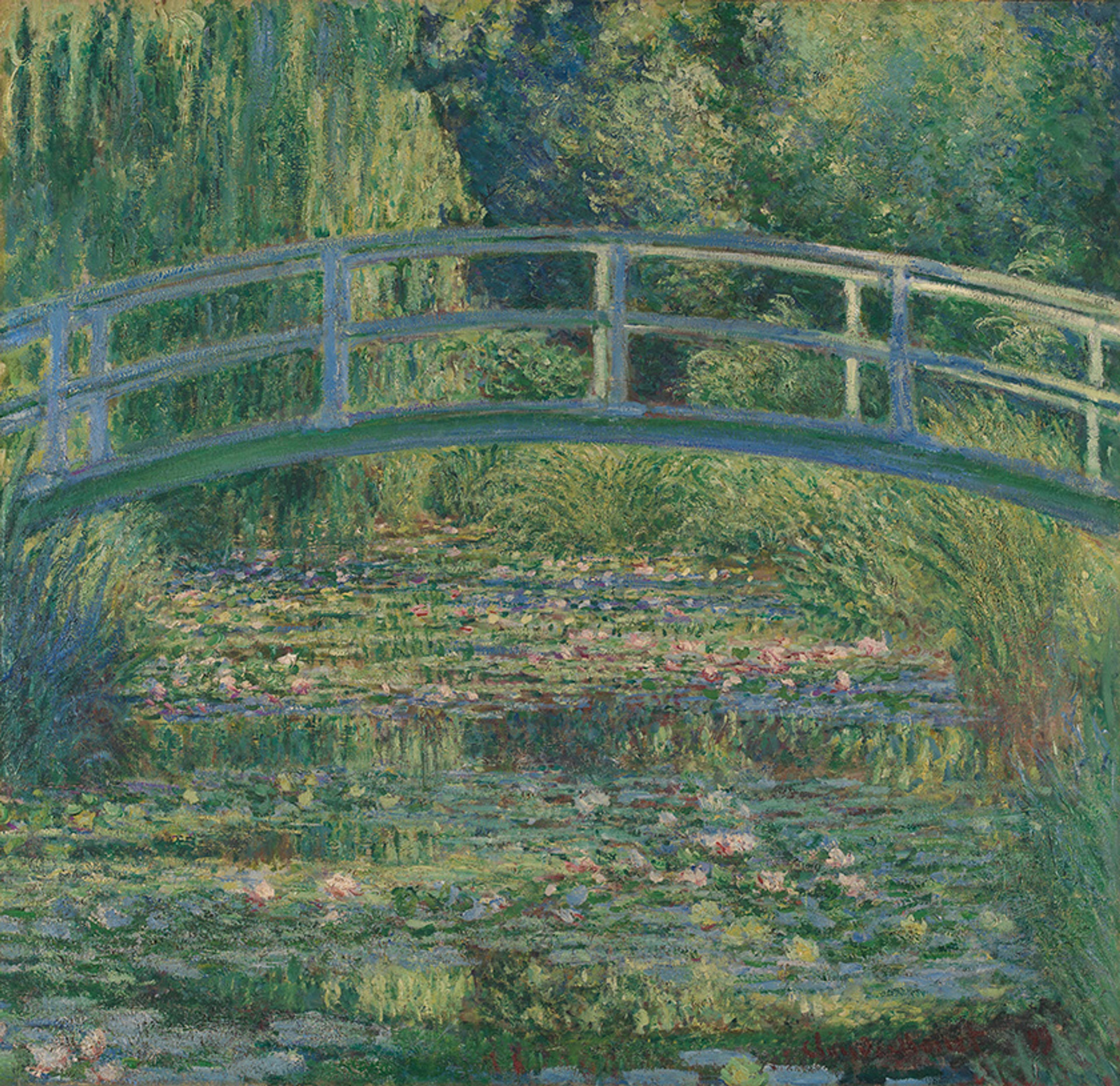 Impressionist painting of a serene garden with a green bridge over a pond filled with water lilies surrounded by lush greenery.