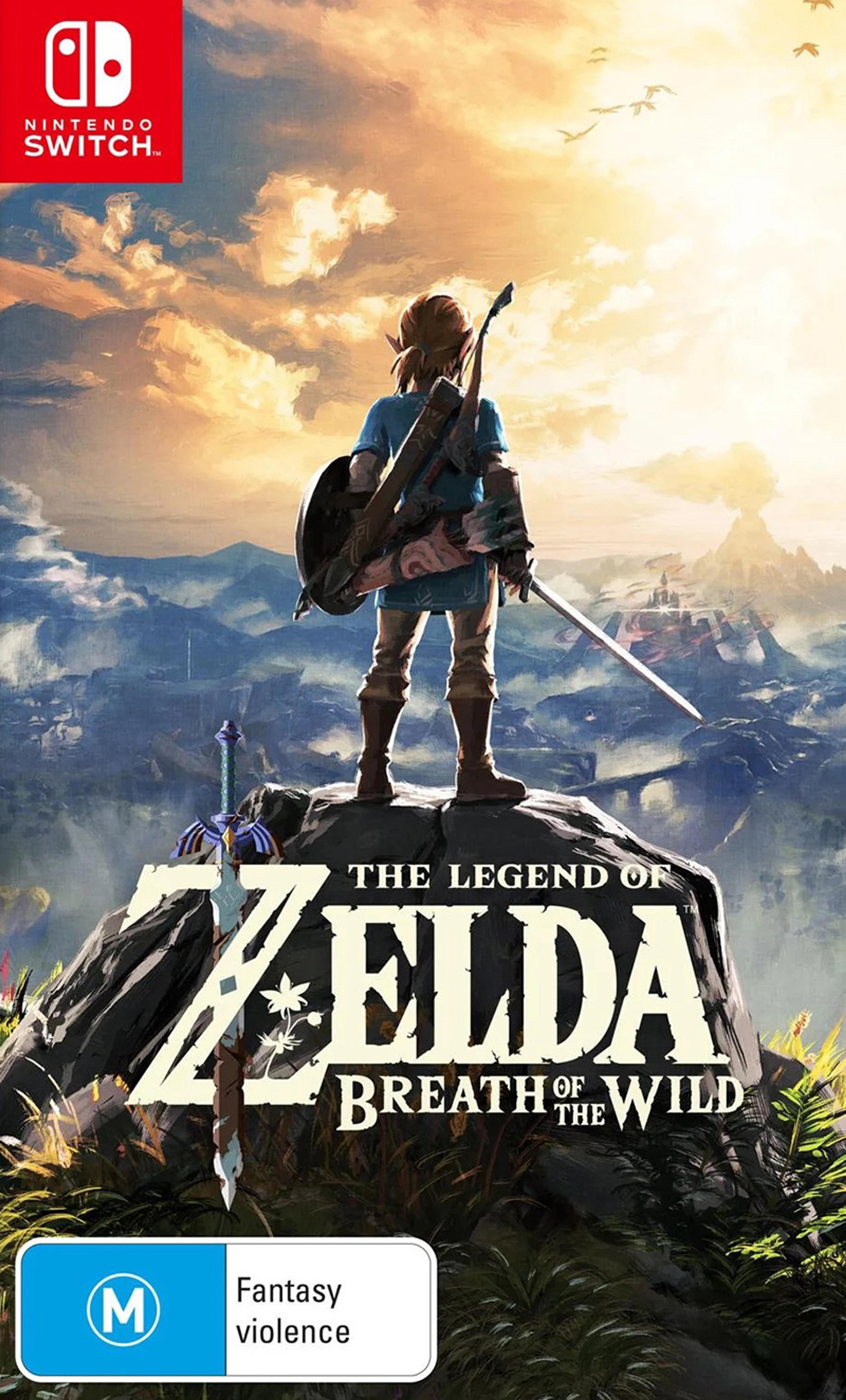 Cover art for the video game “The Legend of Zelda: Breath of the Wild” showing a hero overlooking a vast landscape.