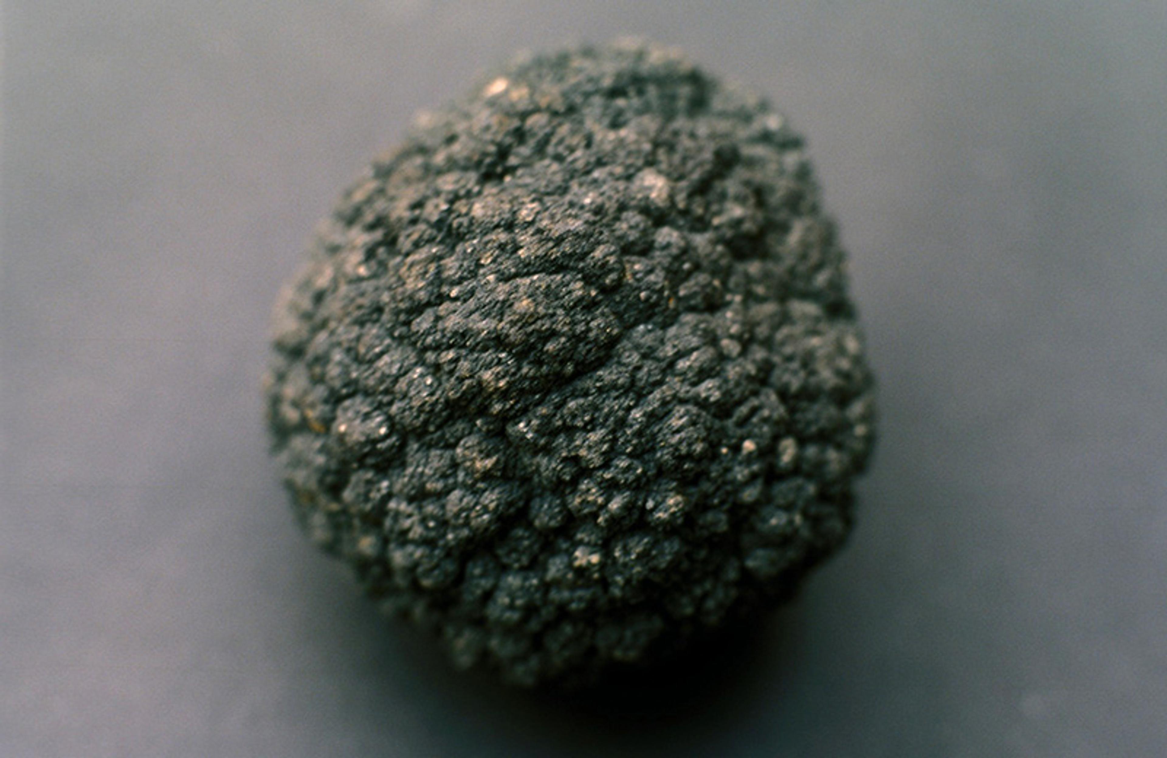 A black rock-like object with a rough textured surface on a grey background.