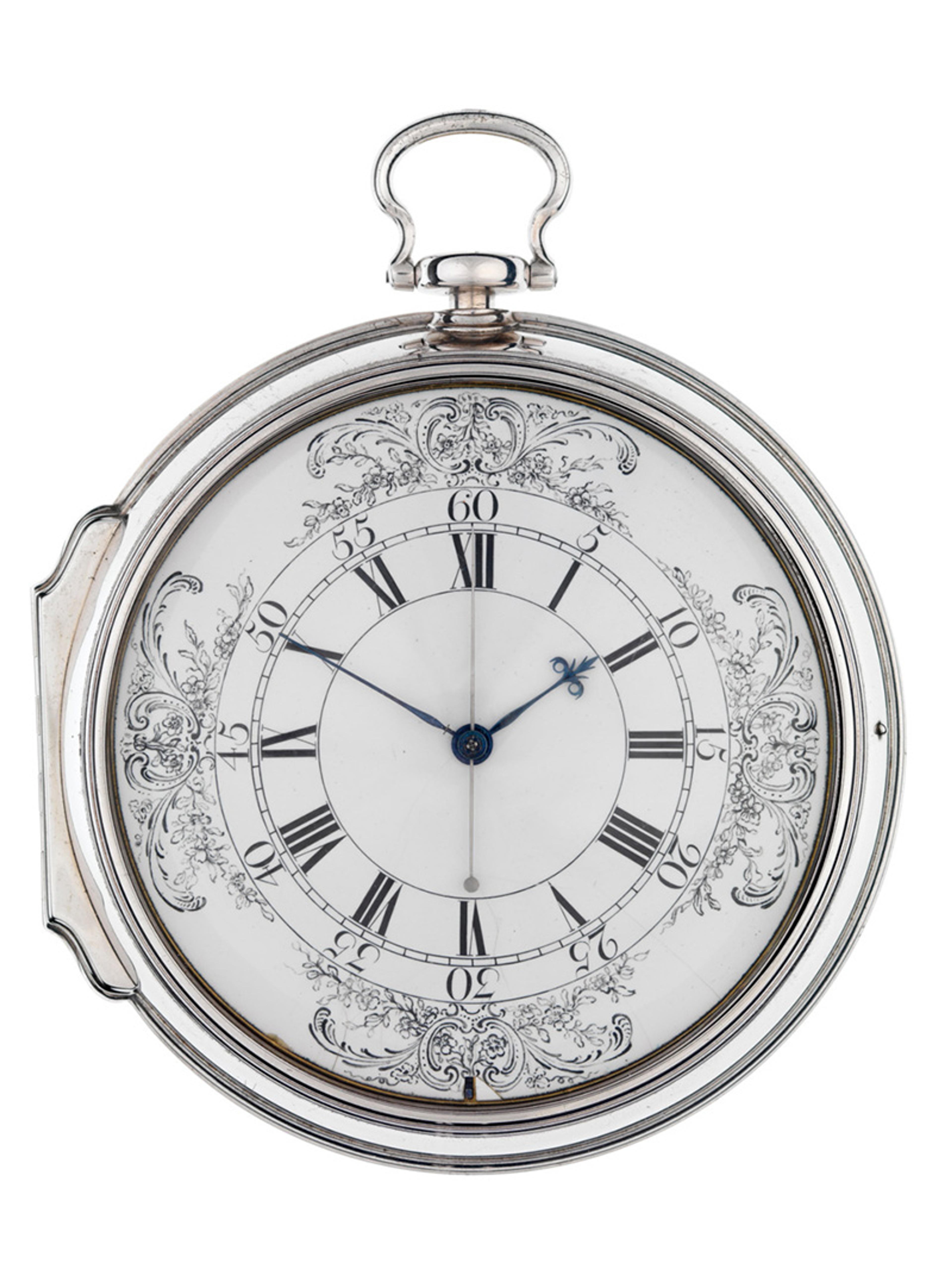 An antique pocket watch with Roman and Arabic numerals and ornate floral designs on the face and a silver case.