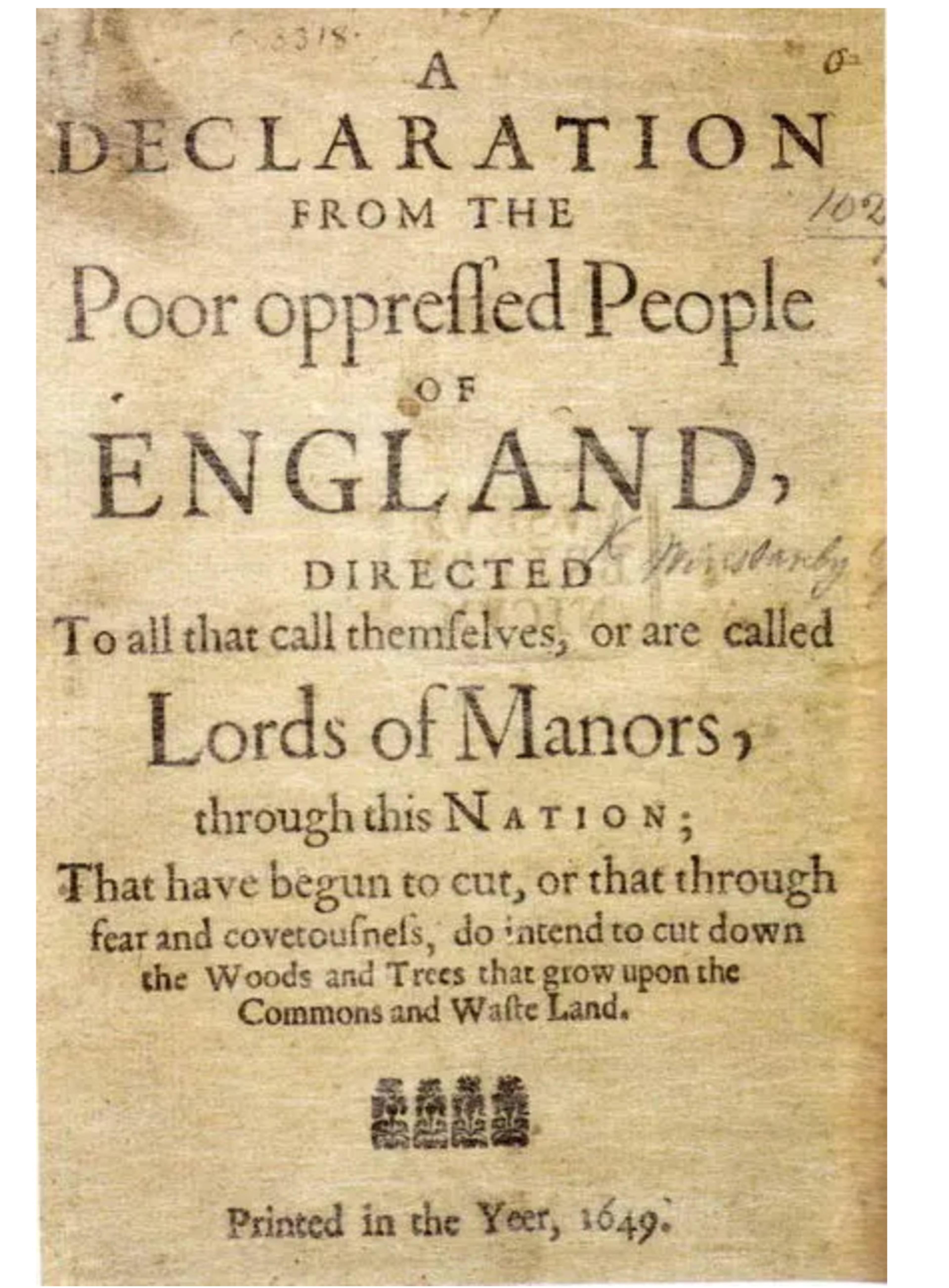 Scan of a 1649 pamphlet titled “A Declaration from the Poor Oppressed People of England” addressing Lords of Manors.