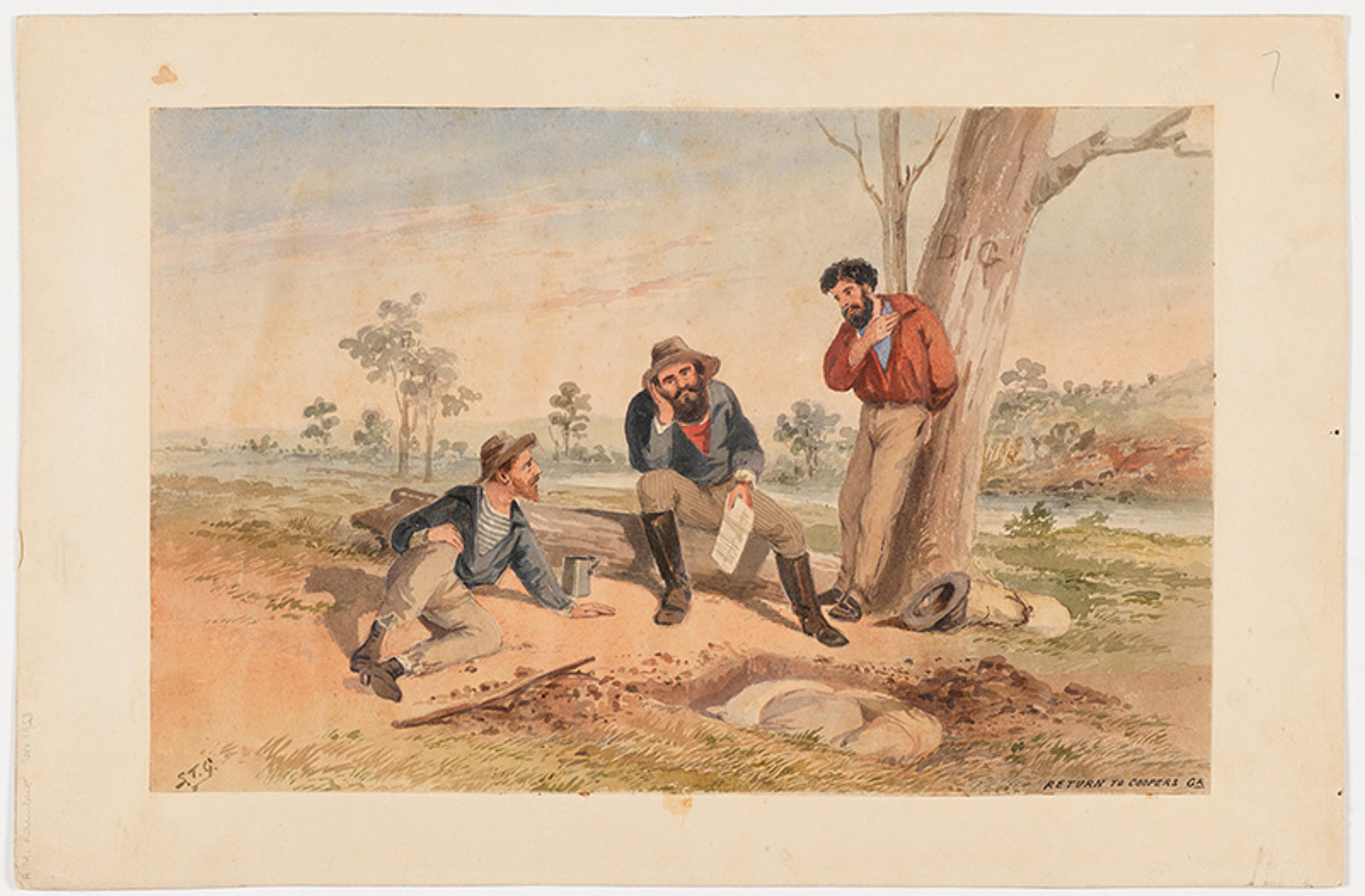 Watercolour painting of three men resting by a tree near a river, one holding a paper other two looking thoughtful.