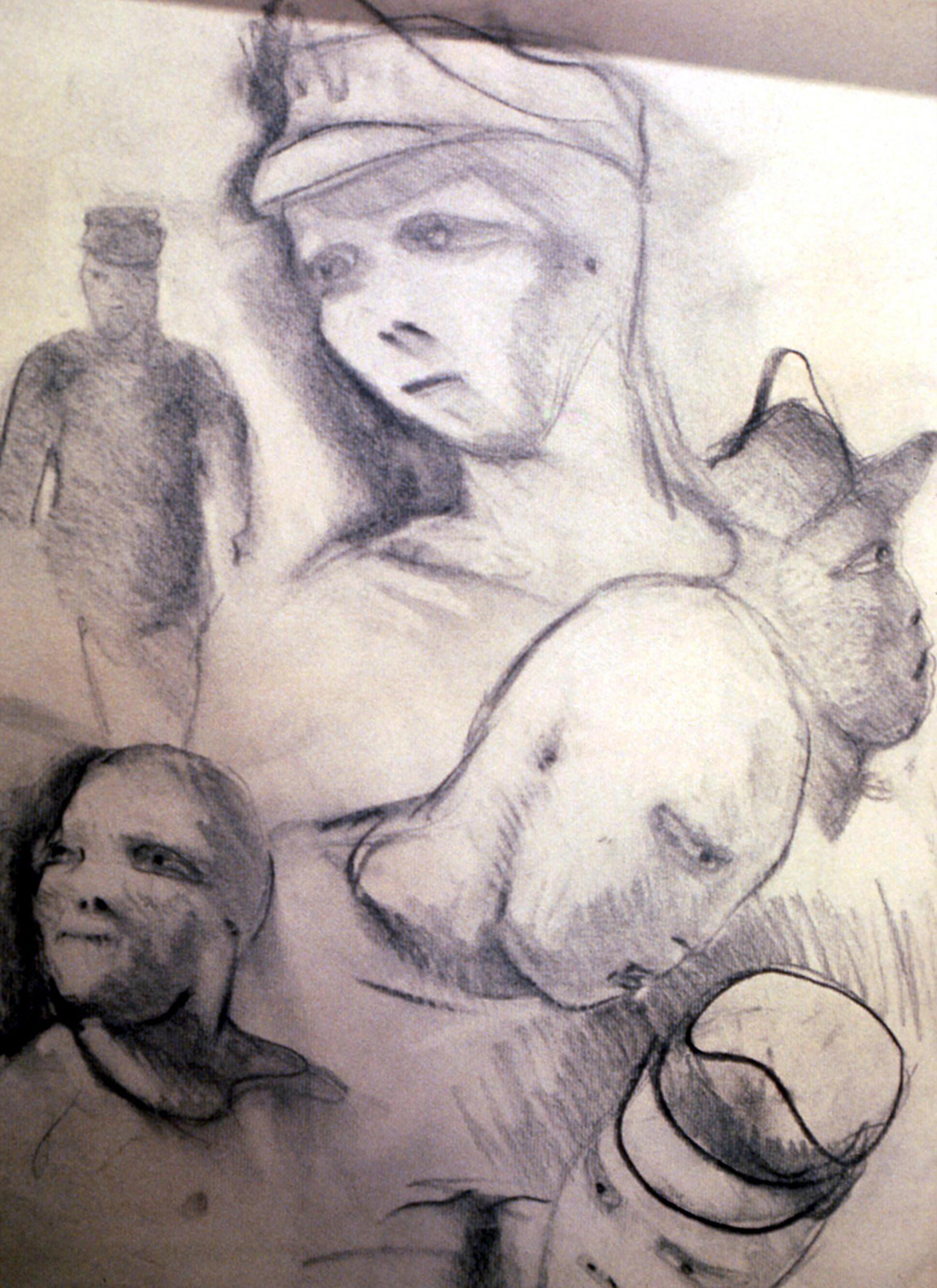 Pencil sketch of abstract humanoid figures in various poses and expressions on textured paper surface.