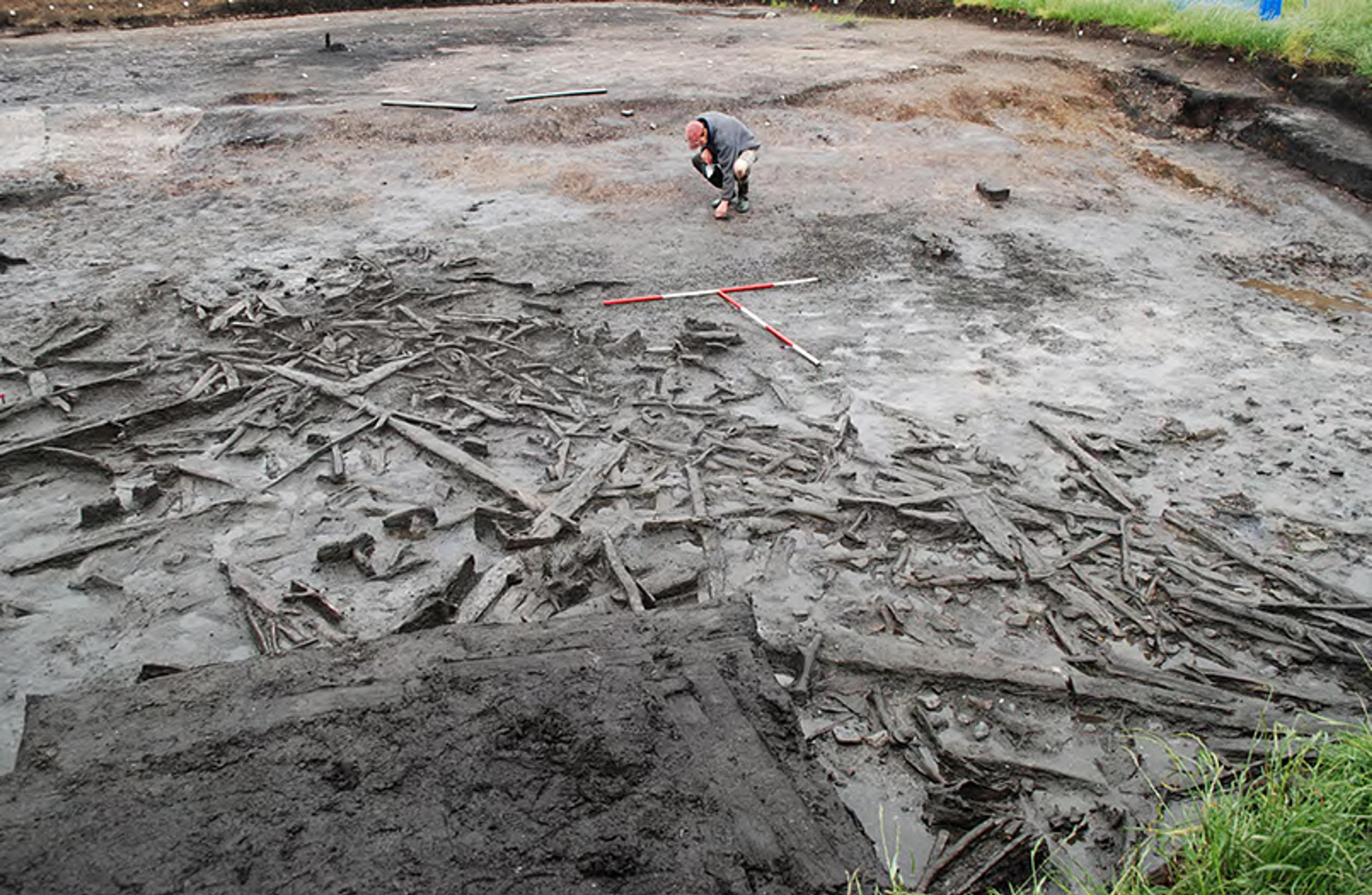 An archaeological dig site with wooden debris and a person examining the ground nearby.