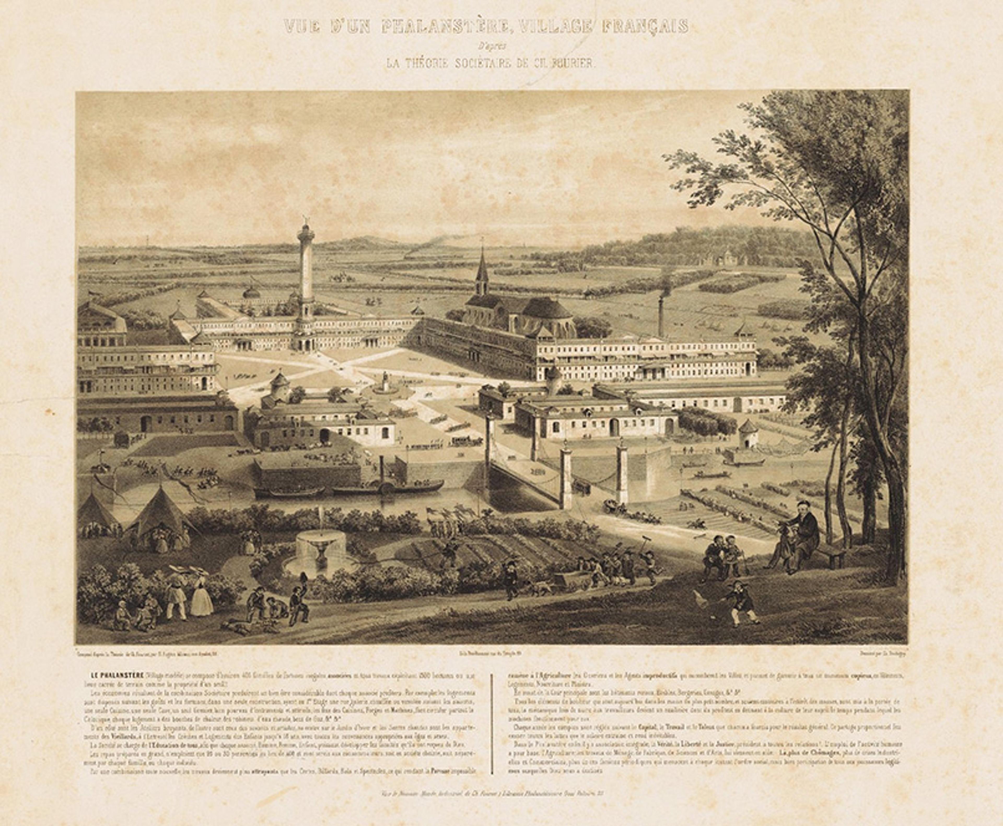 Illustration of a 19th-century French village, featuring buildings surrounding a courtyard, a central column, and people in a rural landscape.