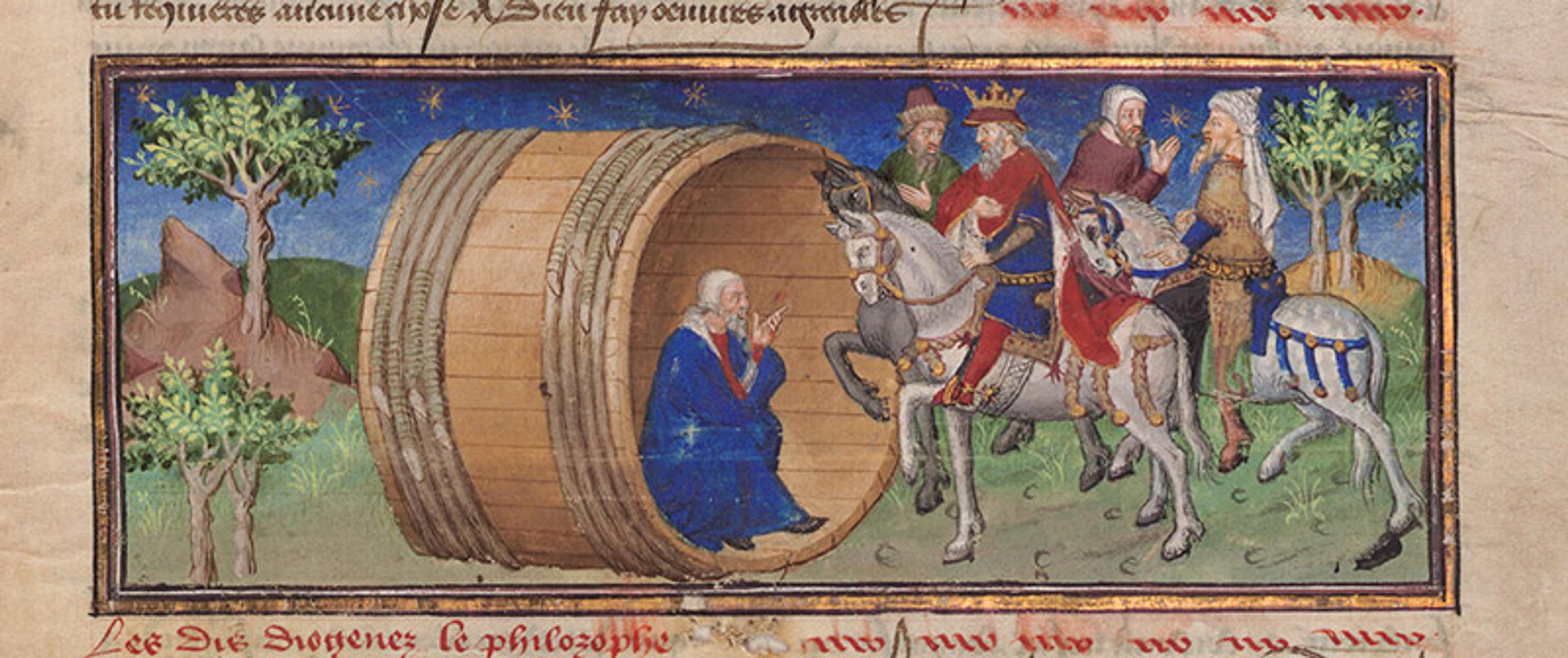 Medieval painting of a philosopher in a barrel speaking to a king on horseback, surrounded by advisers and trees.