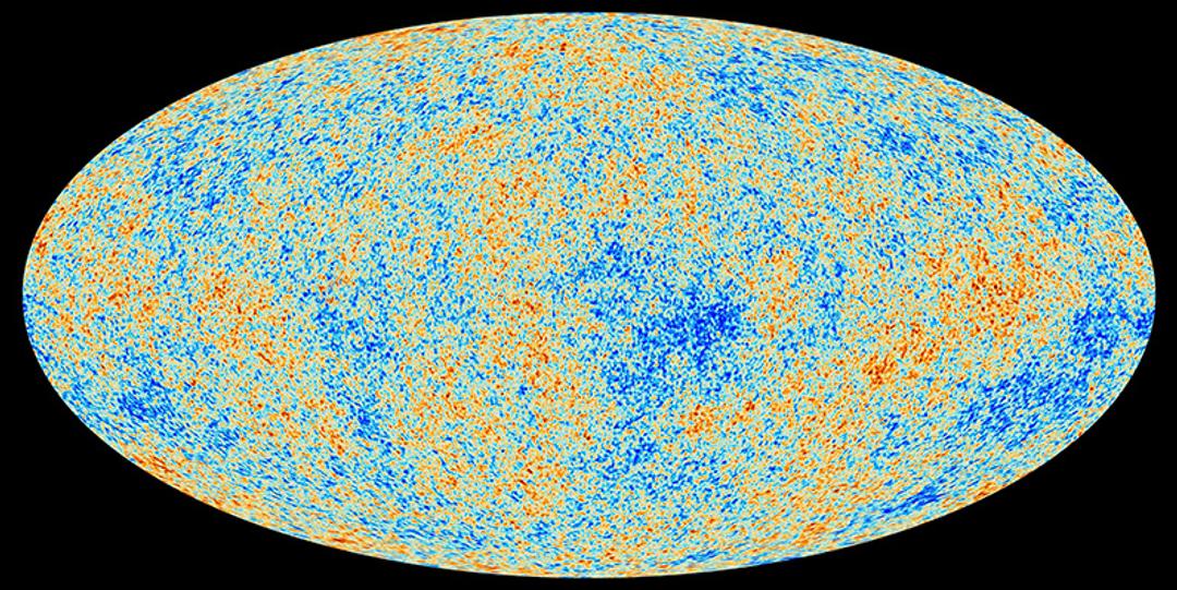 Cosmic microwave background radiation map image with blue and orange dot patterns in an oval shape on a black background.