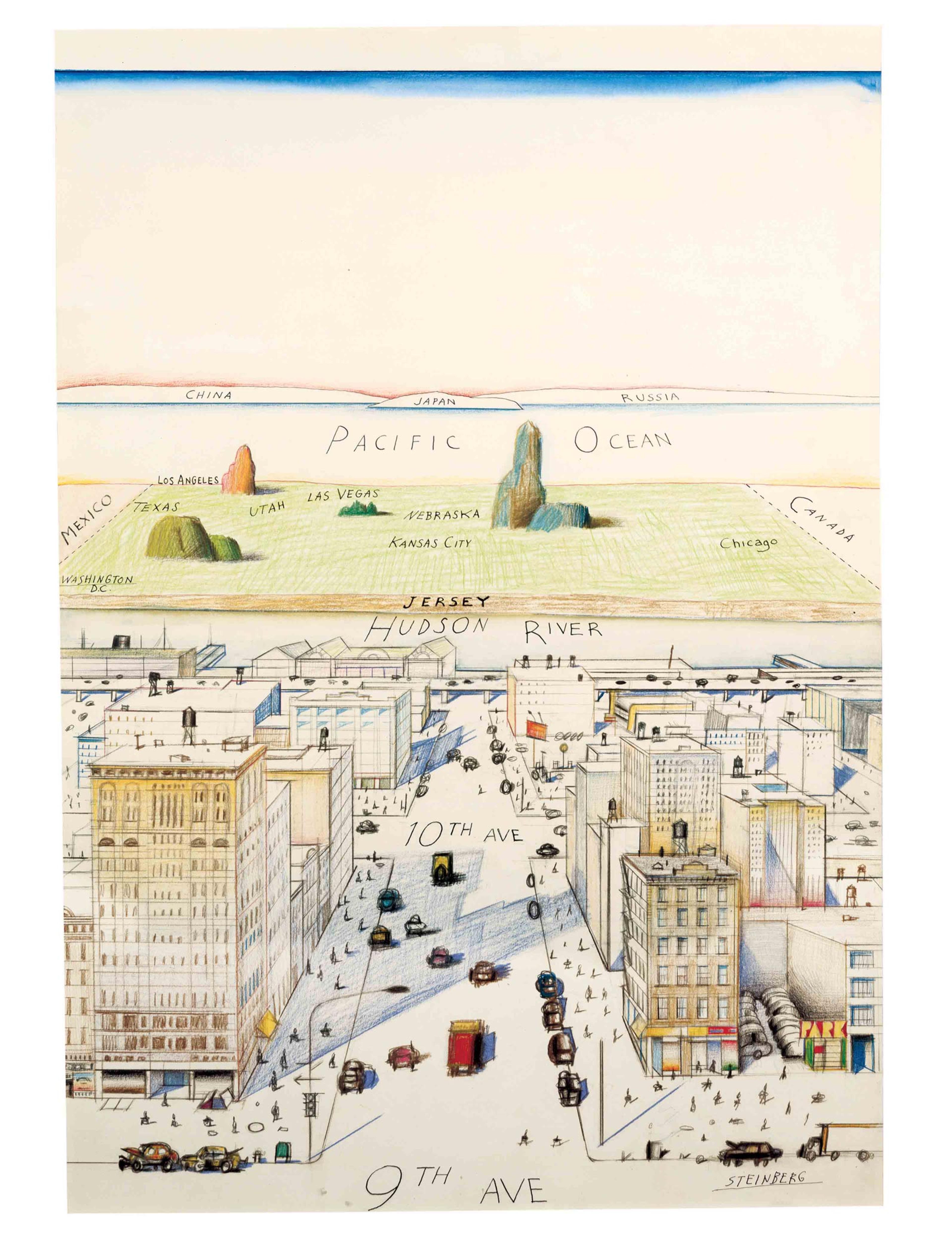 Painting depicting a stylised map of New York City with 9th and 10th Avenues, extending to the Pacific Ocean in perspective.