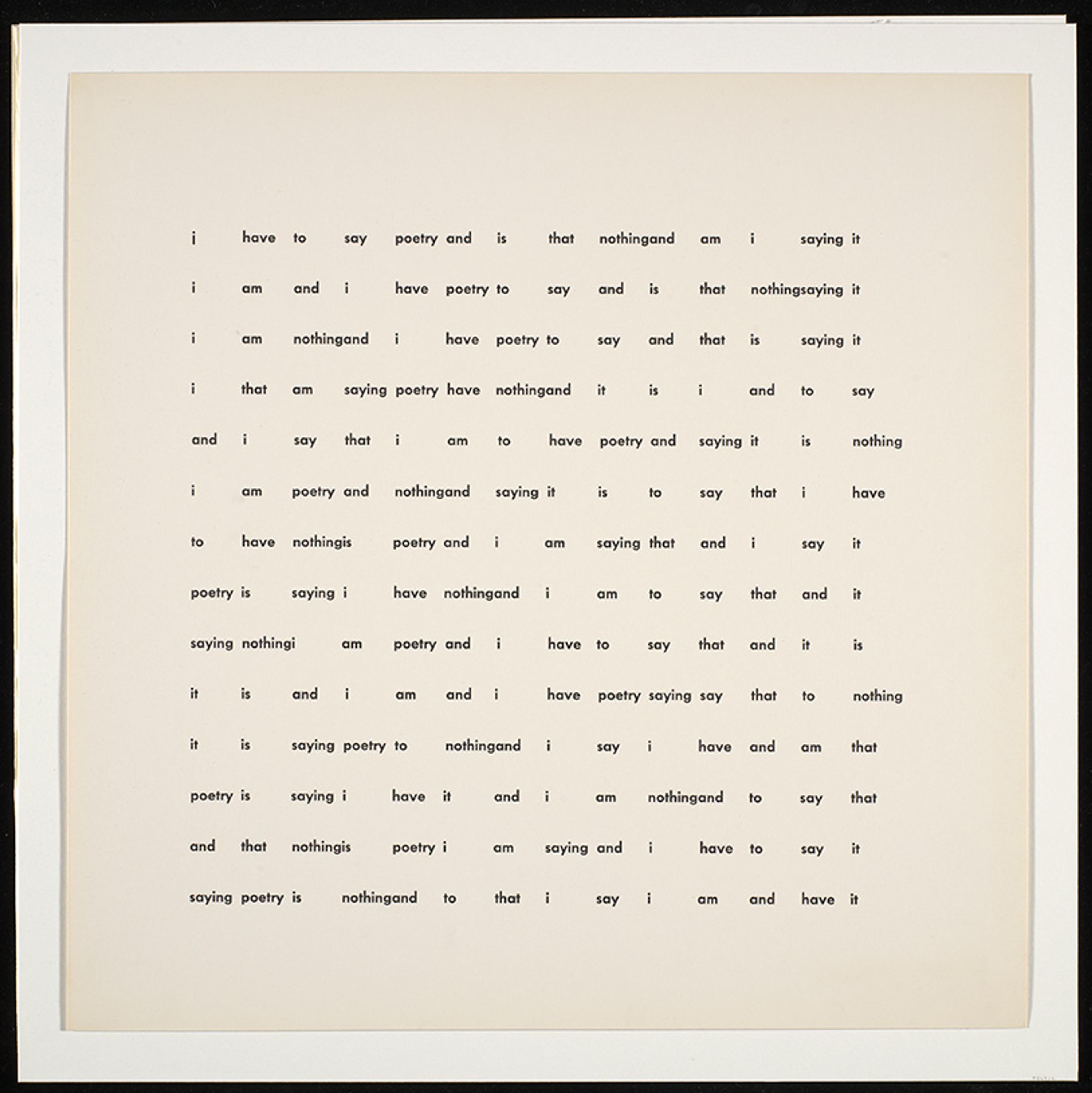 Text-based artwork featuring repeated phrases about poetry and saying nothing on a cream background.