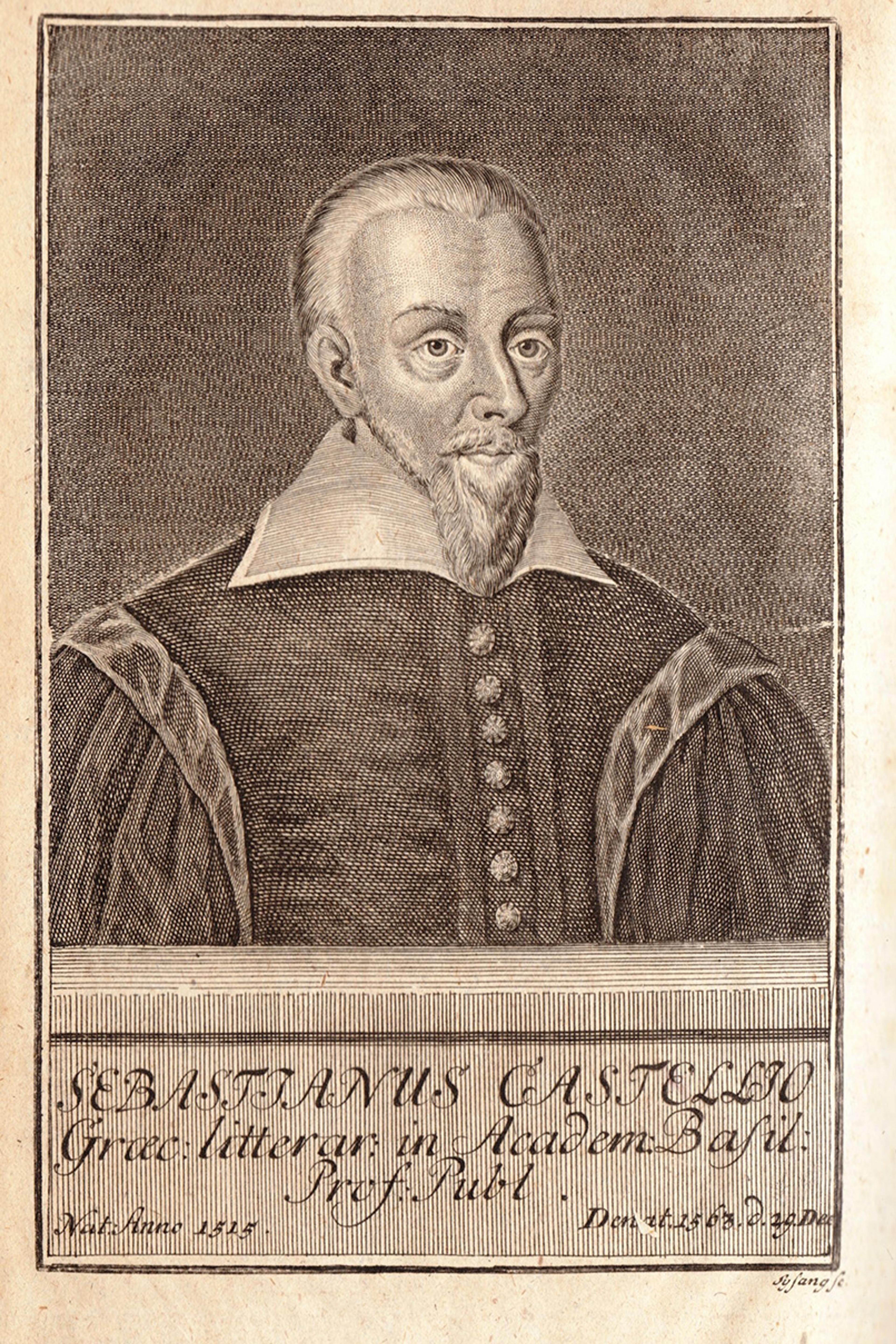 Engraved portrait of a bearded man in historical attire with a crosshatched background, decorative script below.