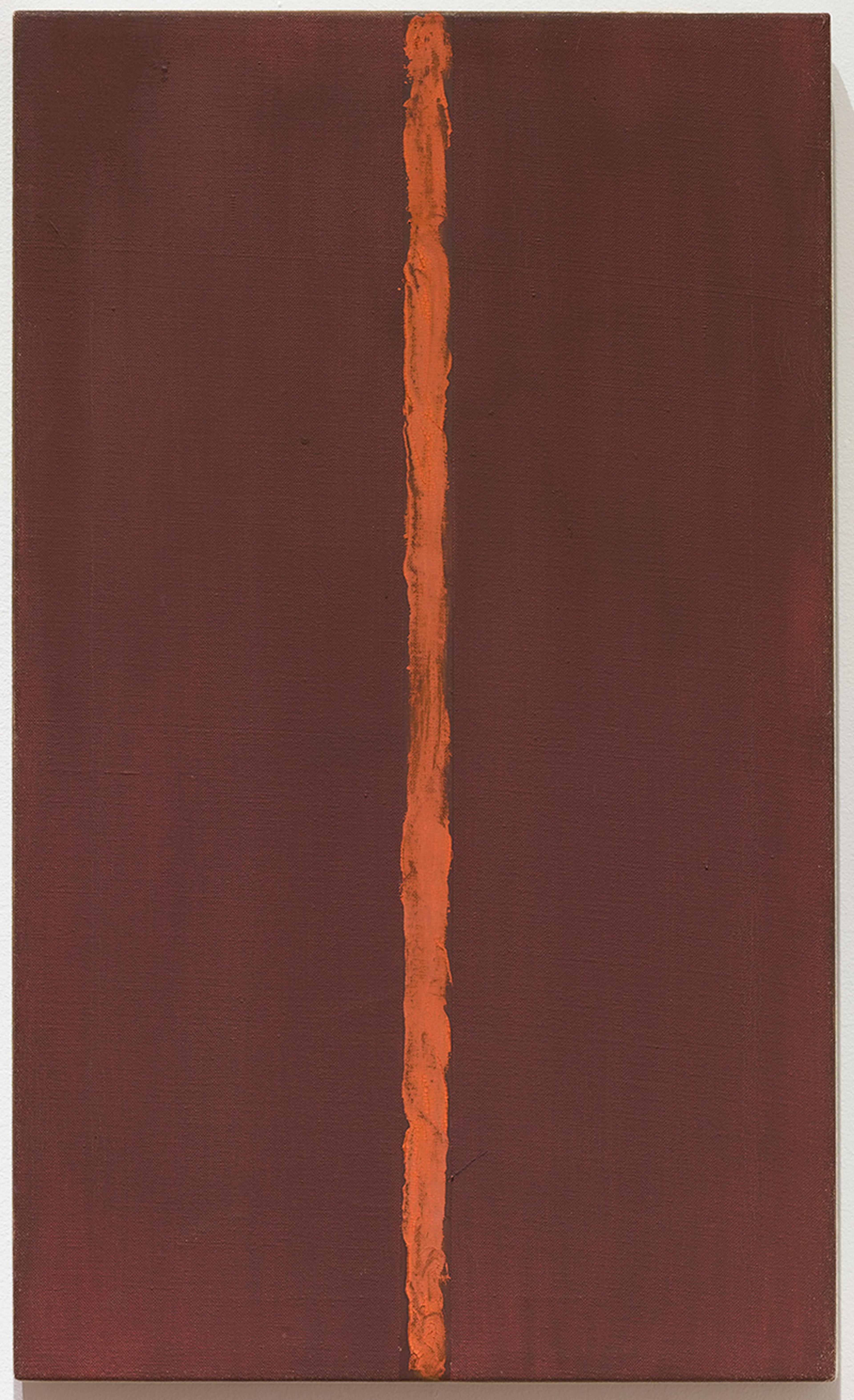 Painting of a dark red canvas with a vertical orange stripe in the centre.