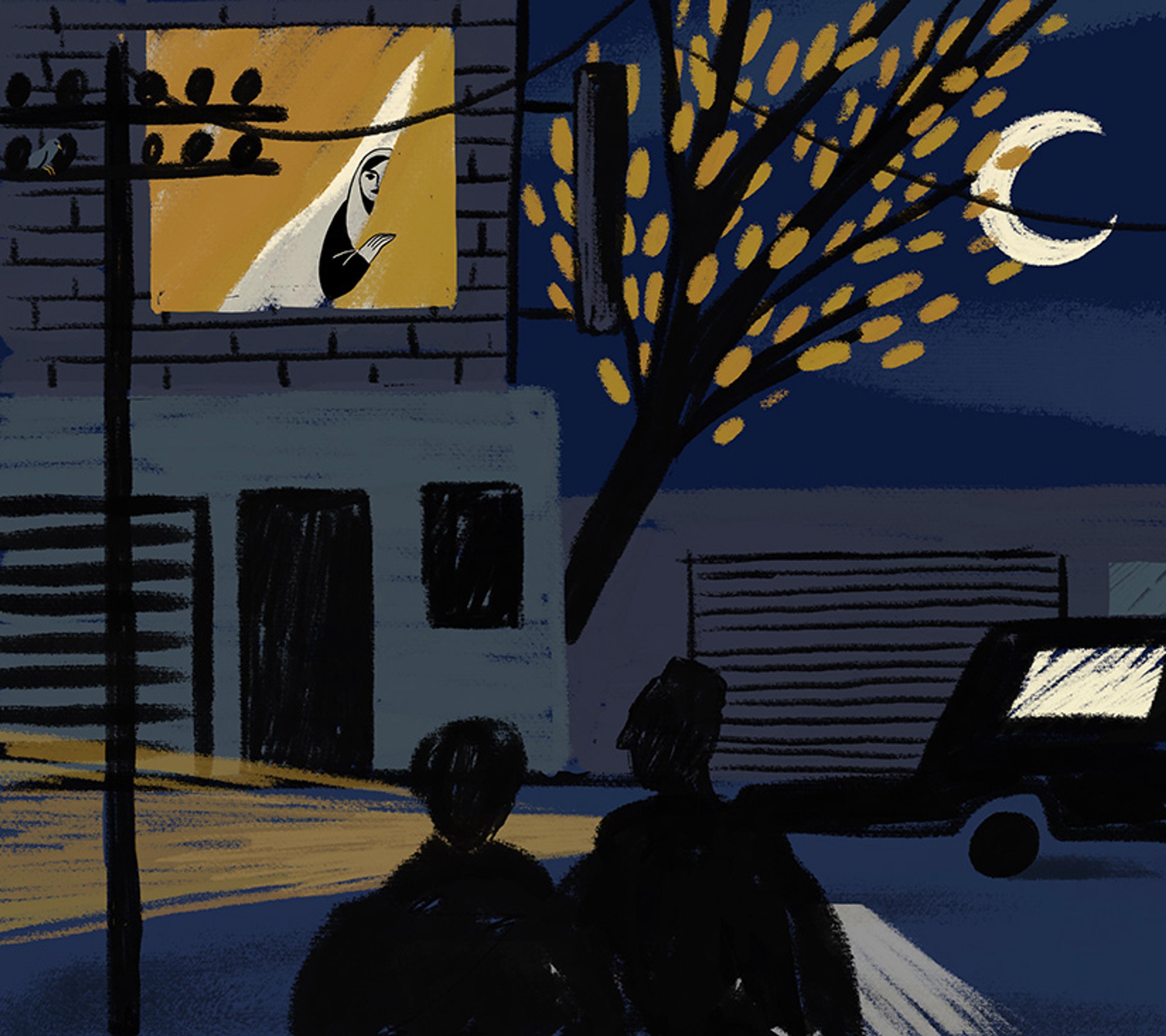 Illustration of two people at night, a building with a woman in the window, street lights, tree and crescent moon.