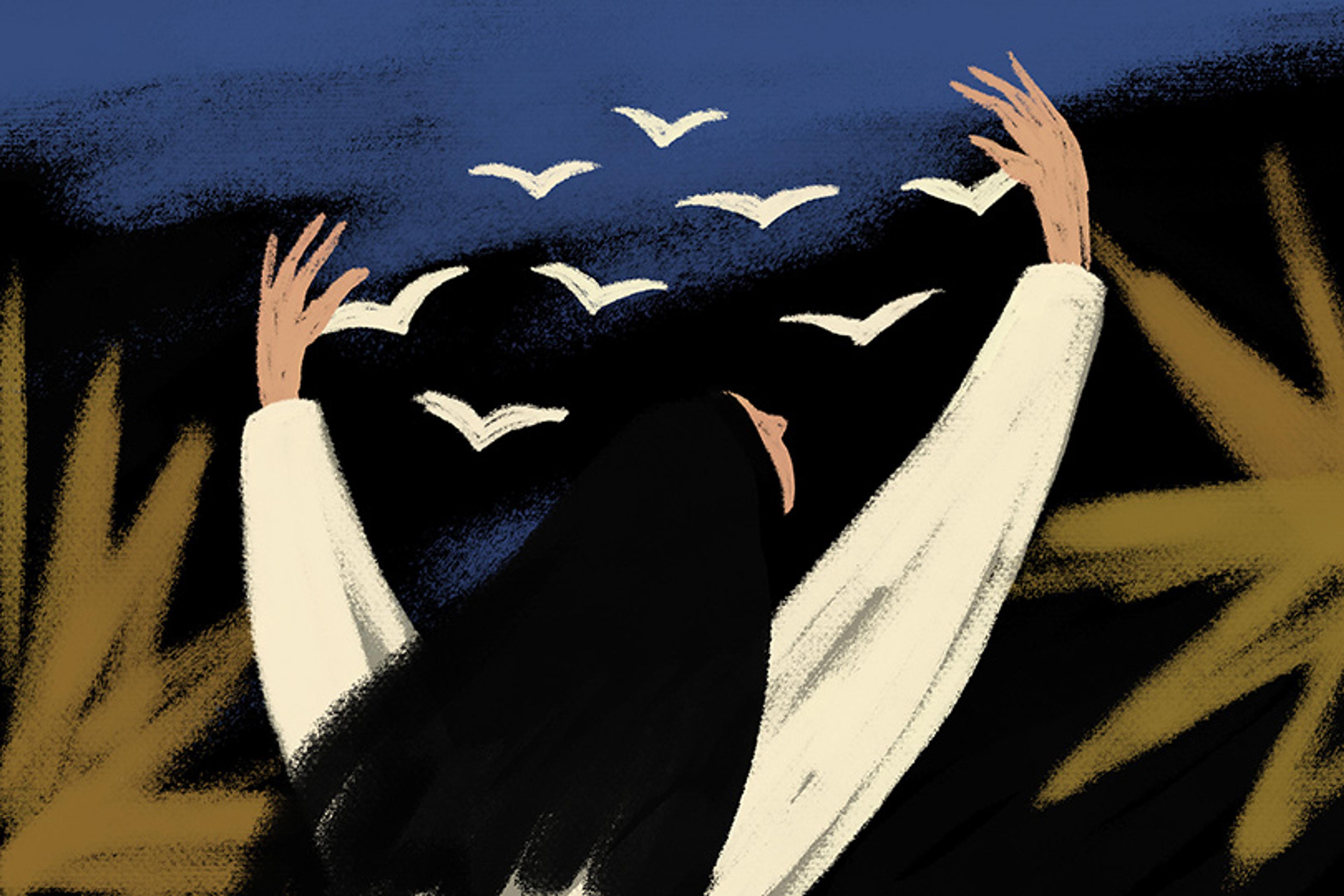 Illustration of a person with raised arms releasing white birds against a dark, abstract background.