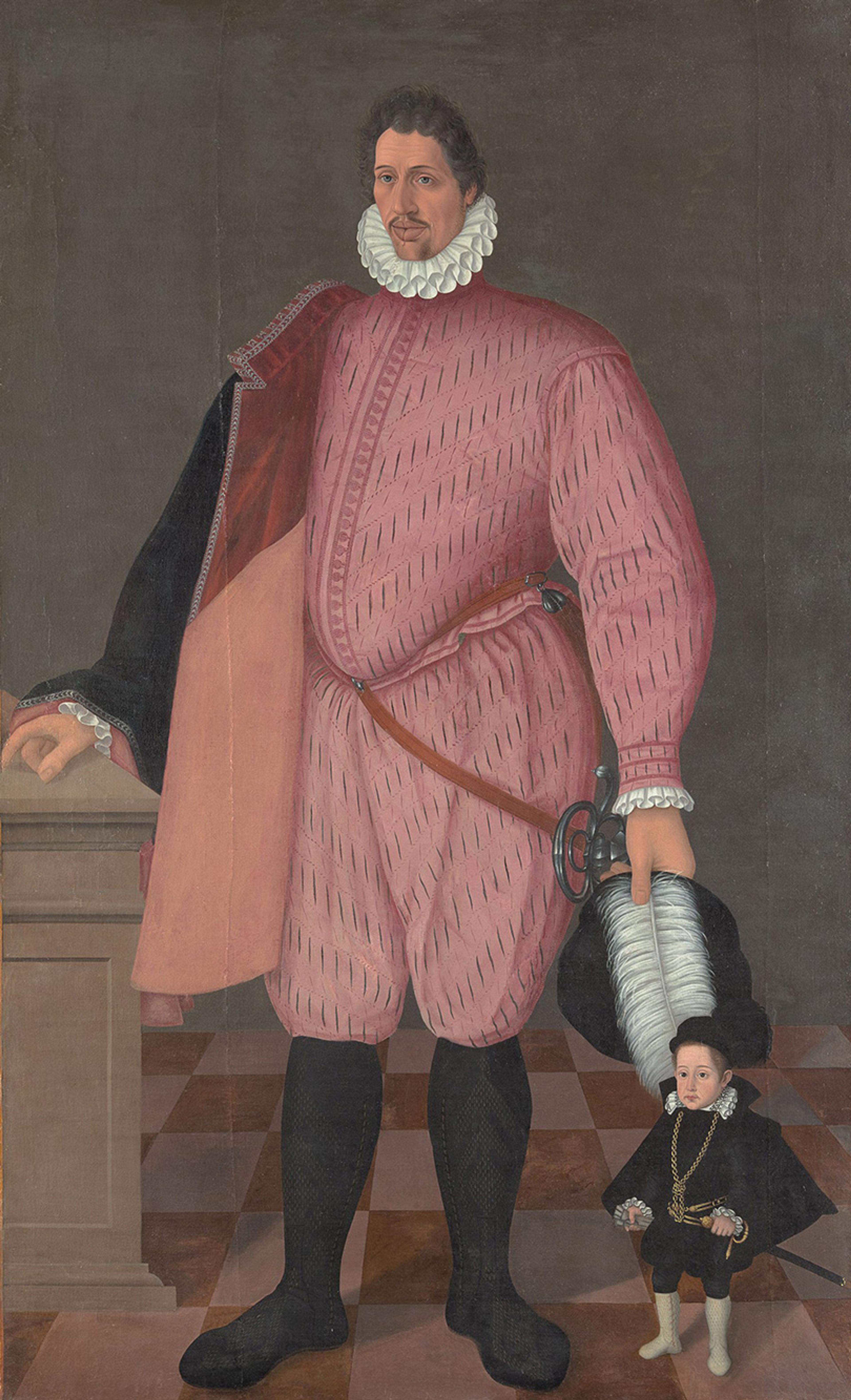 Painting of a man in pink attire with a young child in black on a checkered floor, set against a dark background.