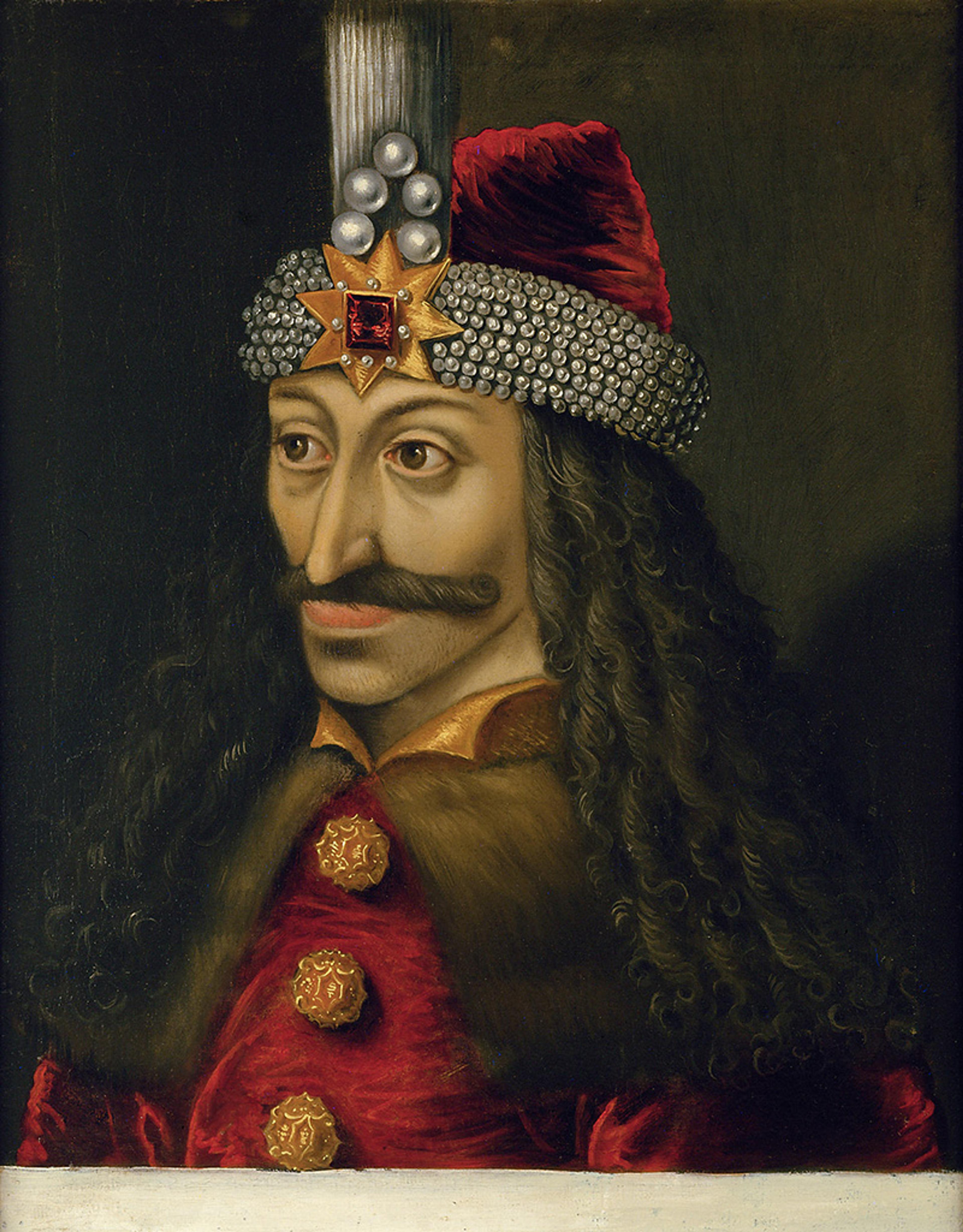 Painting of a man with a red hat and ornate headpiece wearing a red coat with fur, facing left against a dark background.