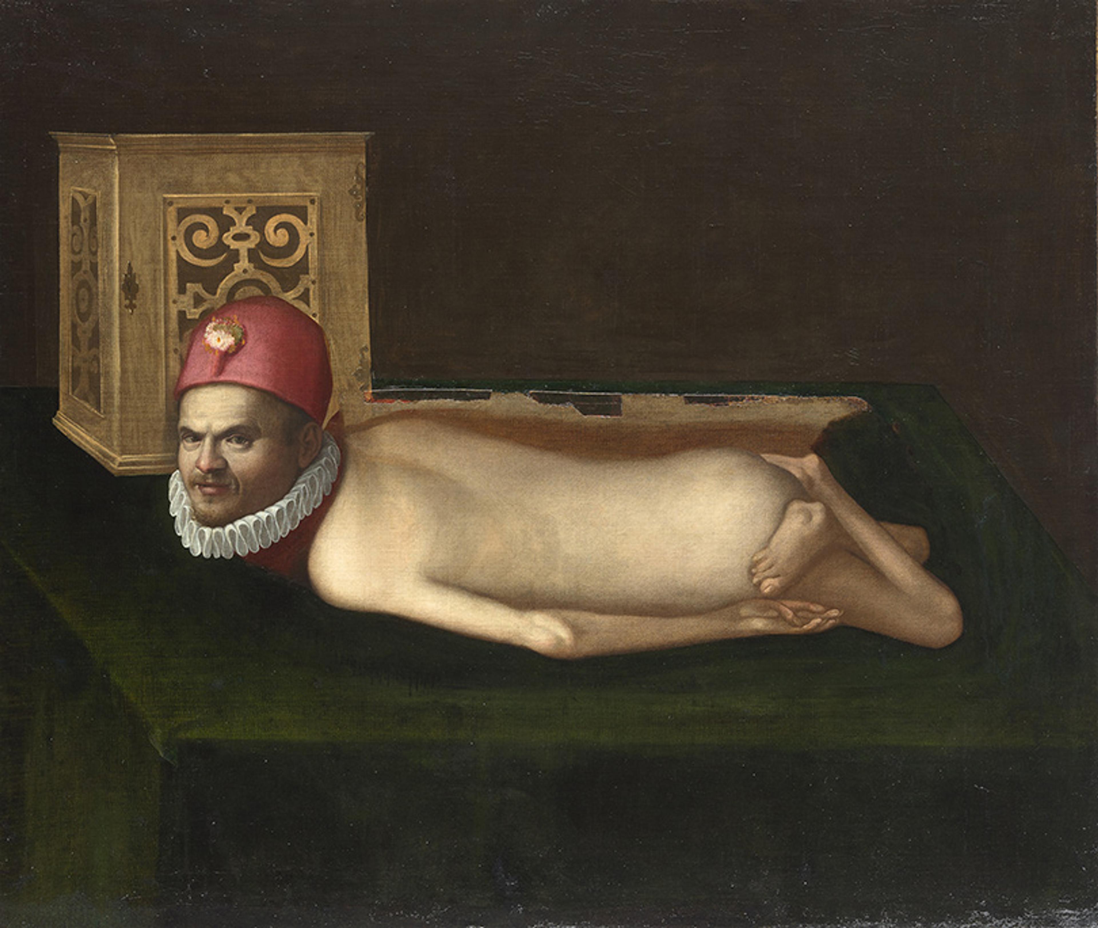 A surrealist painting of a man’s head on a reclining nude body beside an ornate box on a dark background.