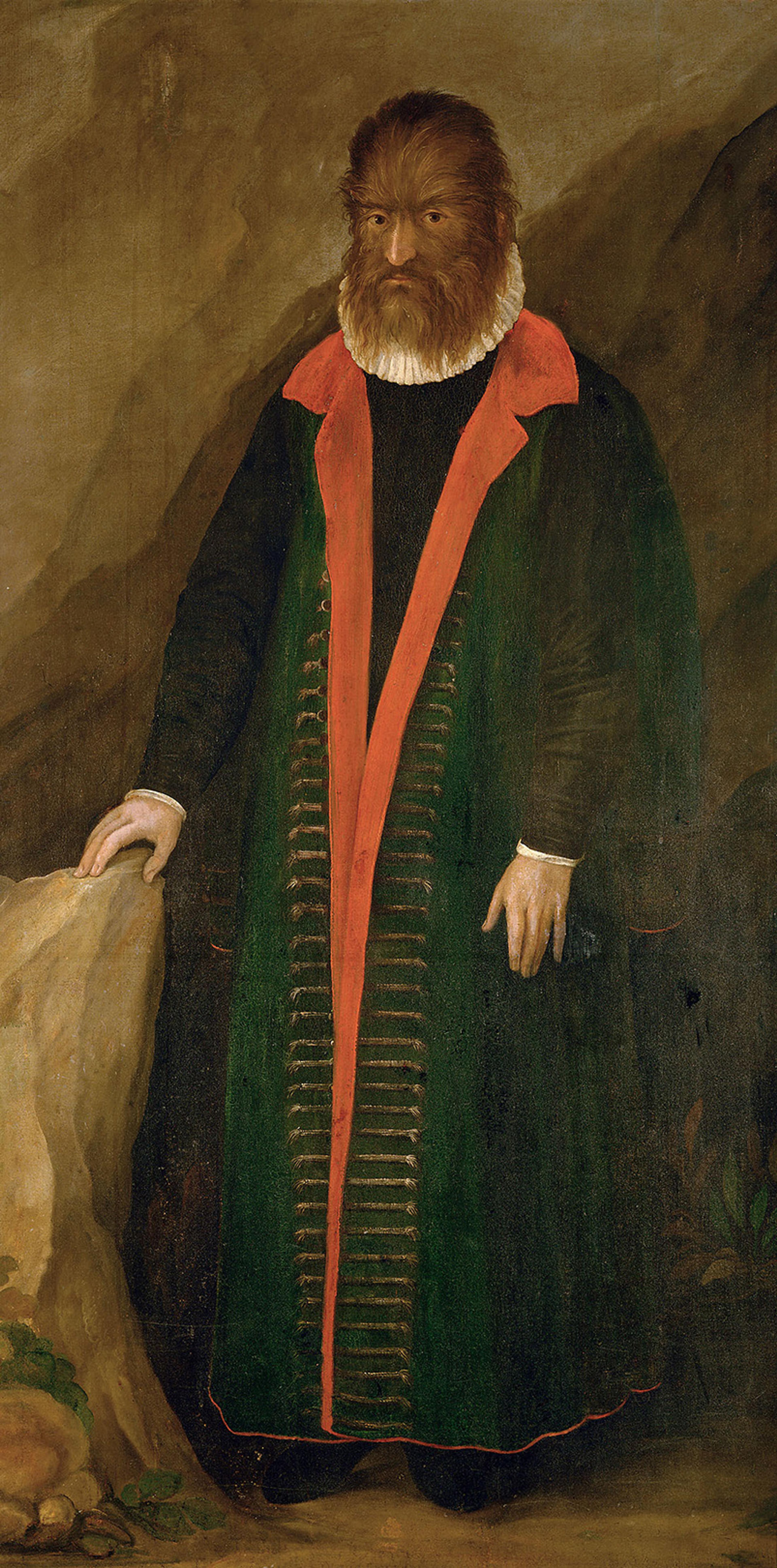 Painting of a bearded man in a green and red coat, standing with one hand on a rock, set against a muted background.
