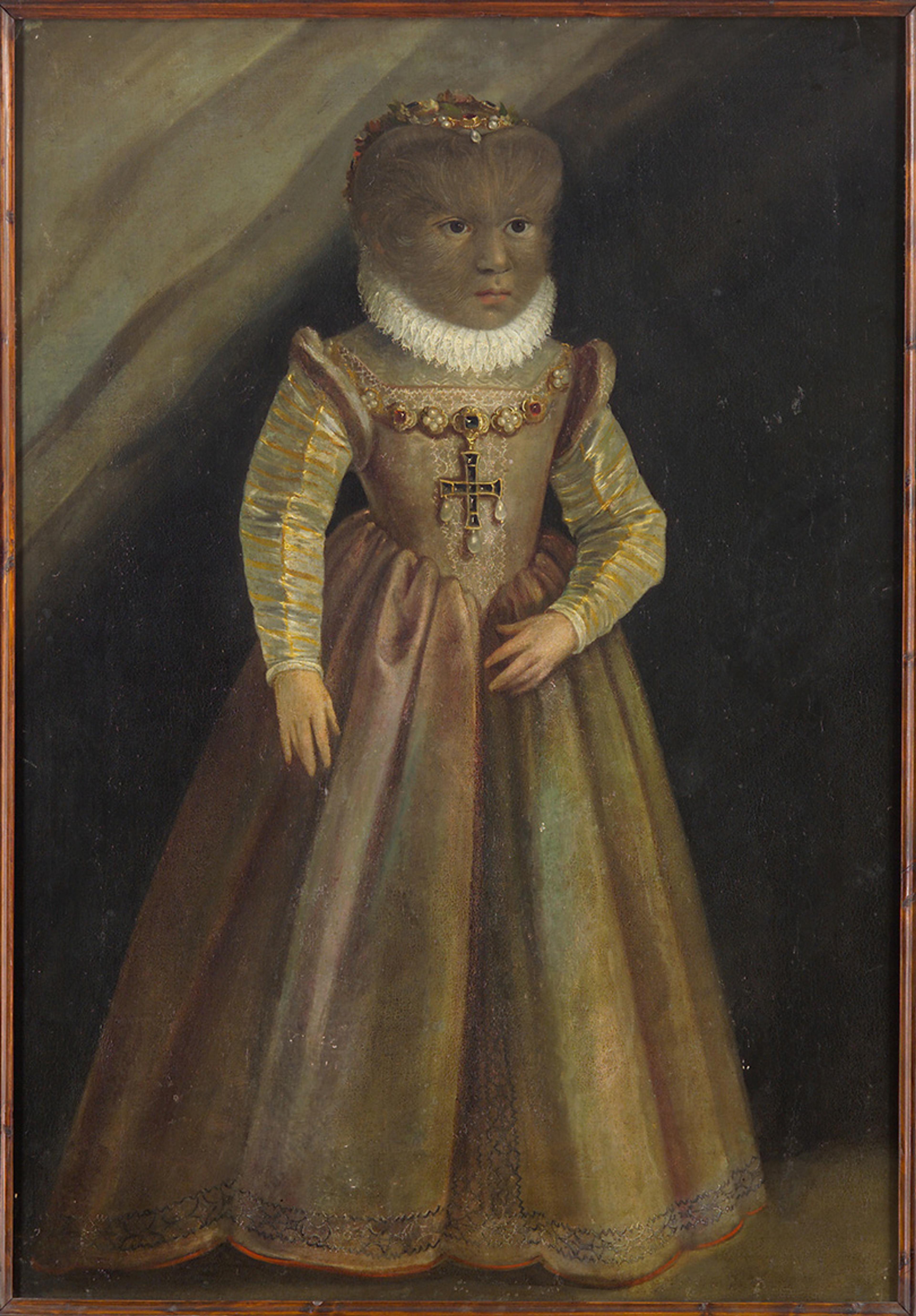 Painting of a young girl in a dress with a furry face, wearing a crown of flowers and jewellery, against a dark background.