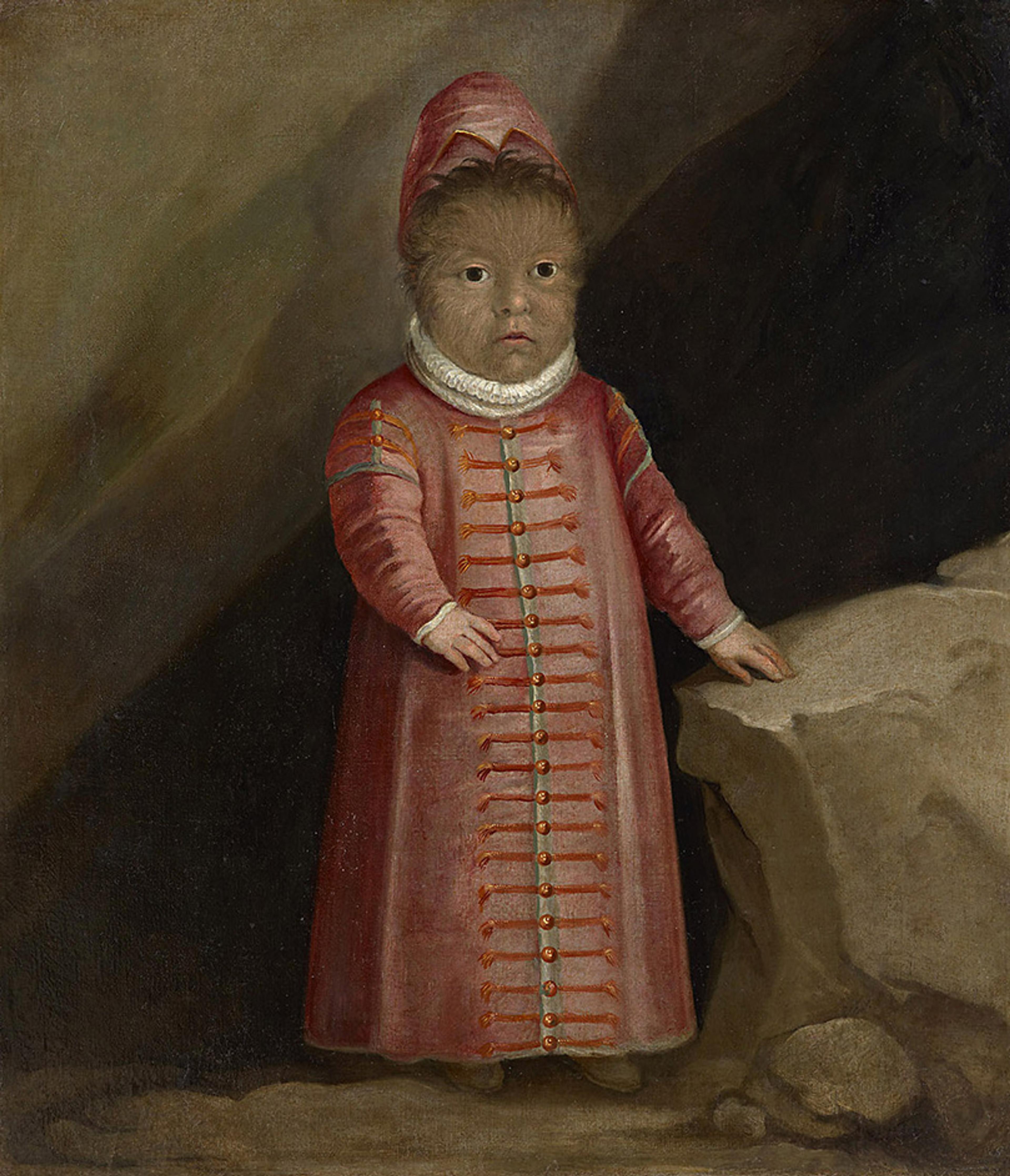 Painting of a child in a red coat with detailed buttons and a cap, standing by a rock in a dimly lit setting.