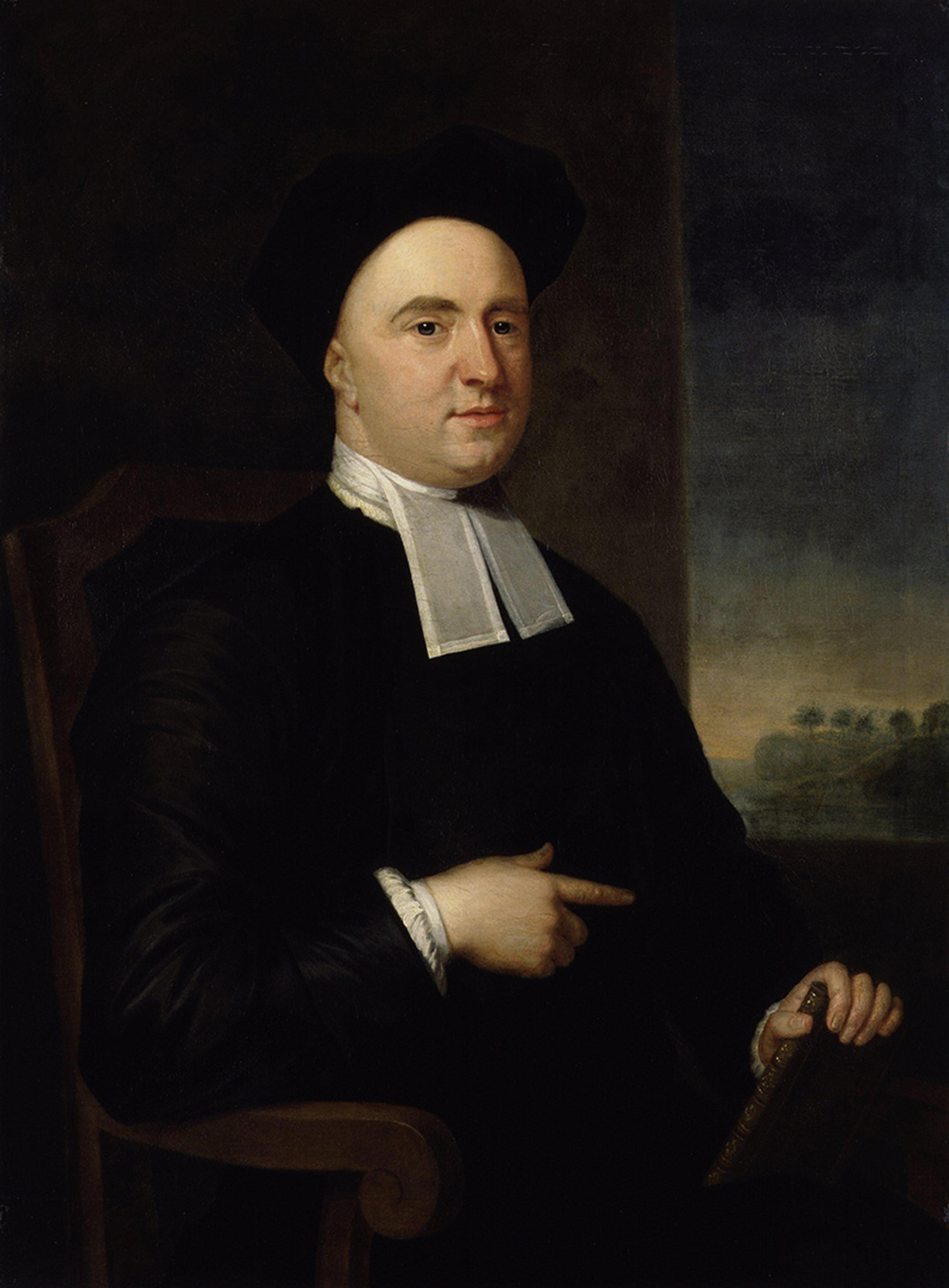 Portrait painting of a seated man in clerical attire holding a book, set against a dark background with landscape view.