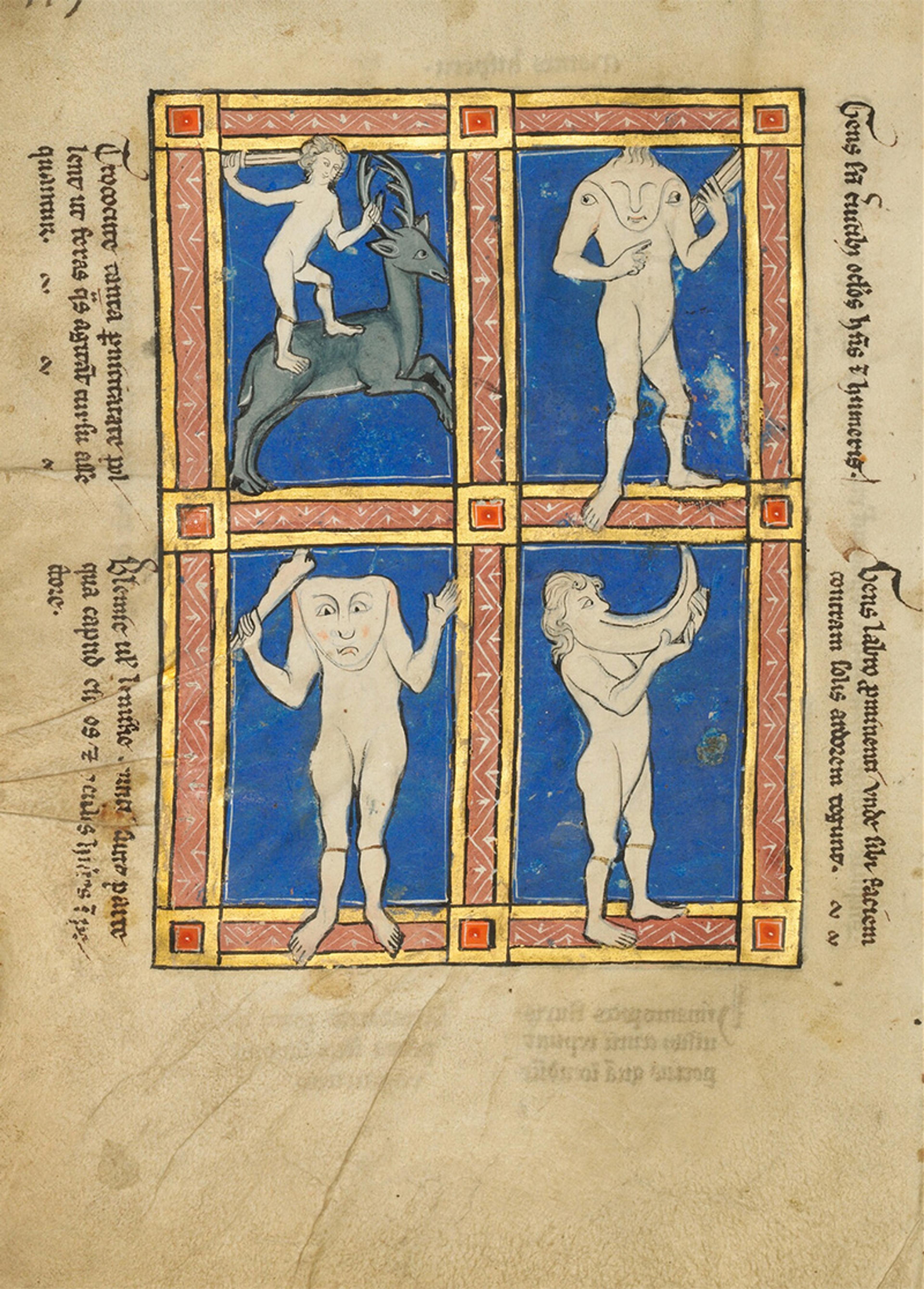 Medieval manuscript page with four blue-framed illustrations of fantastical human figures and a rider on a stag.