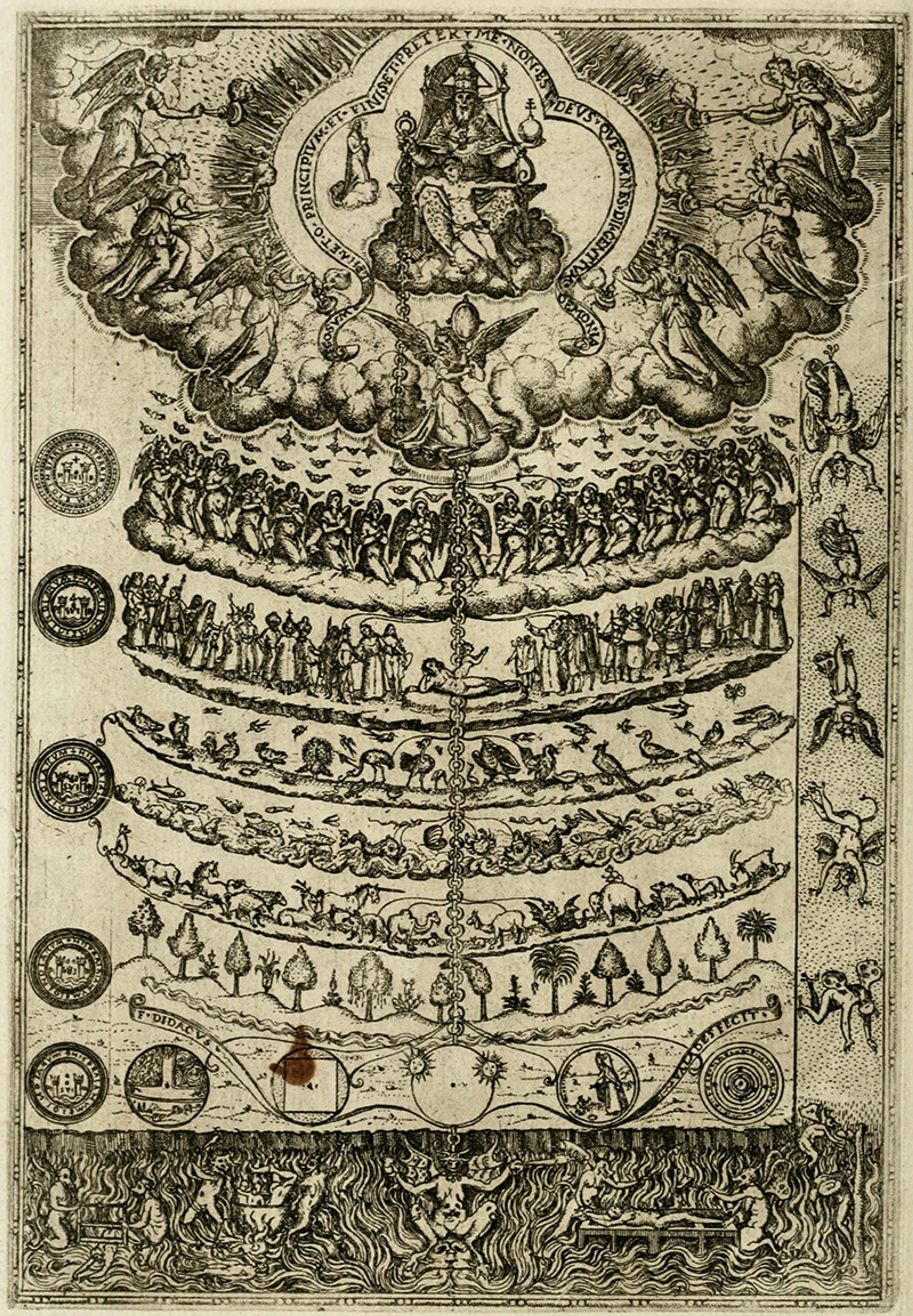 Intricate black-and-white engraving illustrating a detailed great chain of being with celestial and earthly figures.