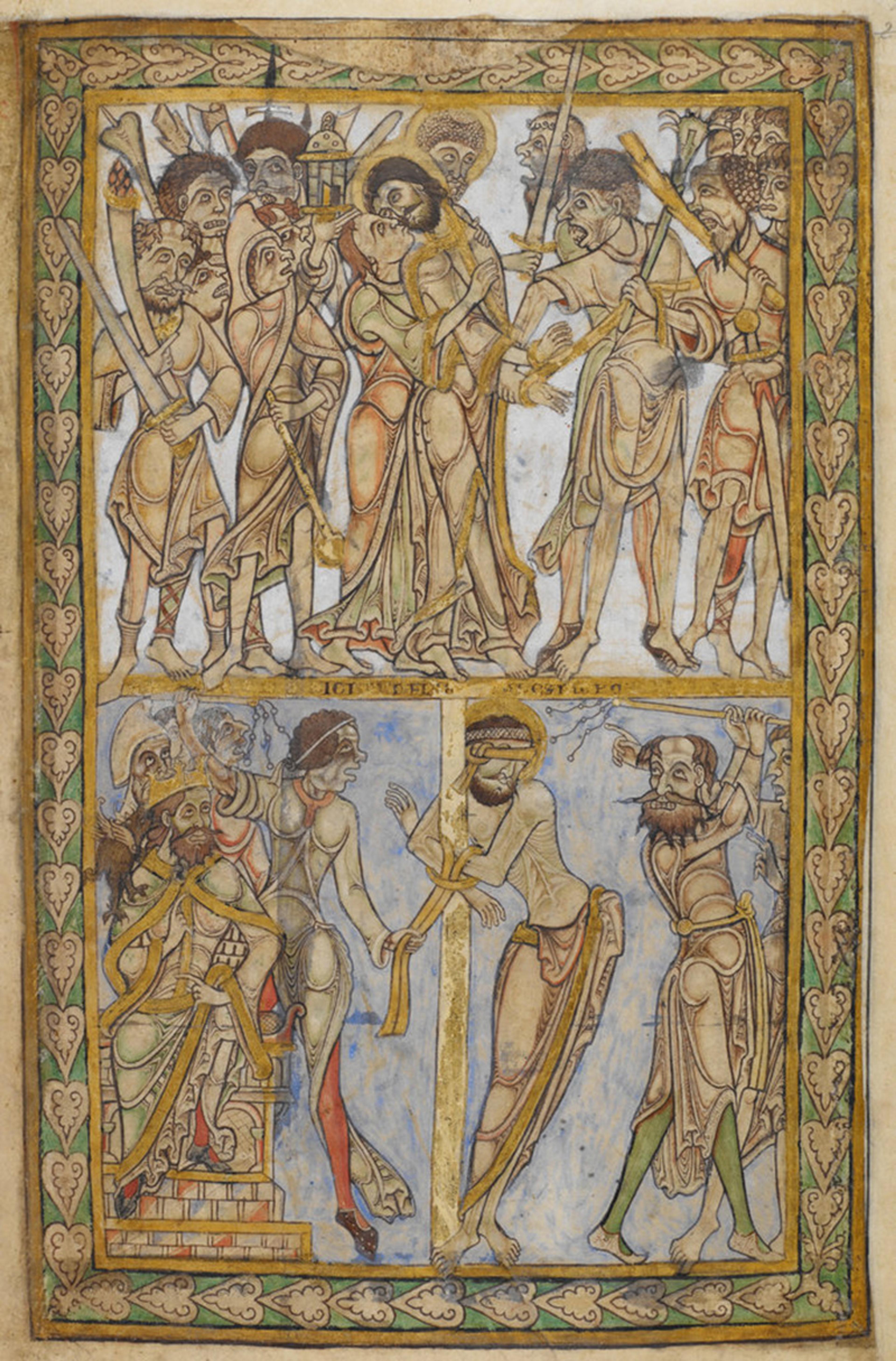 Medieval manuscript illumination depicting a biblical scene with soldiers, crowds and religious figures, bordered with ornate patterns.