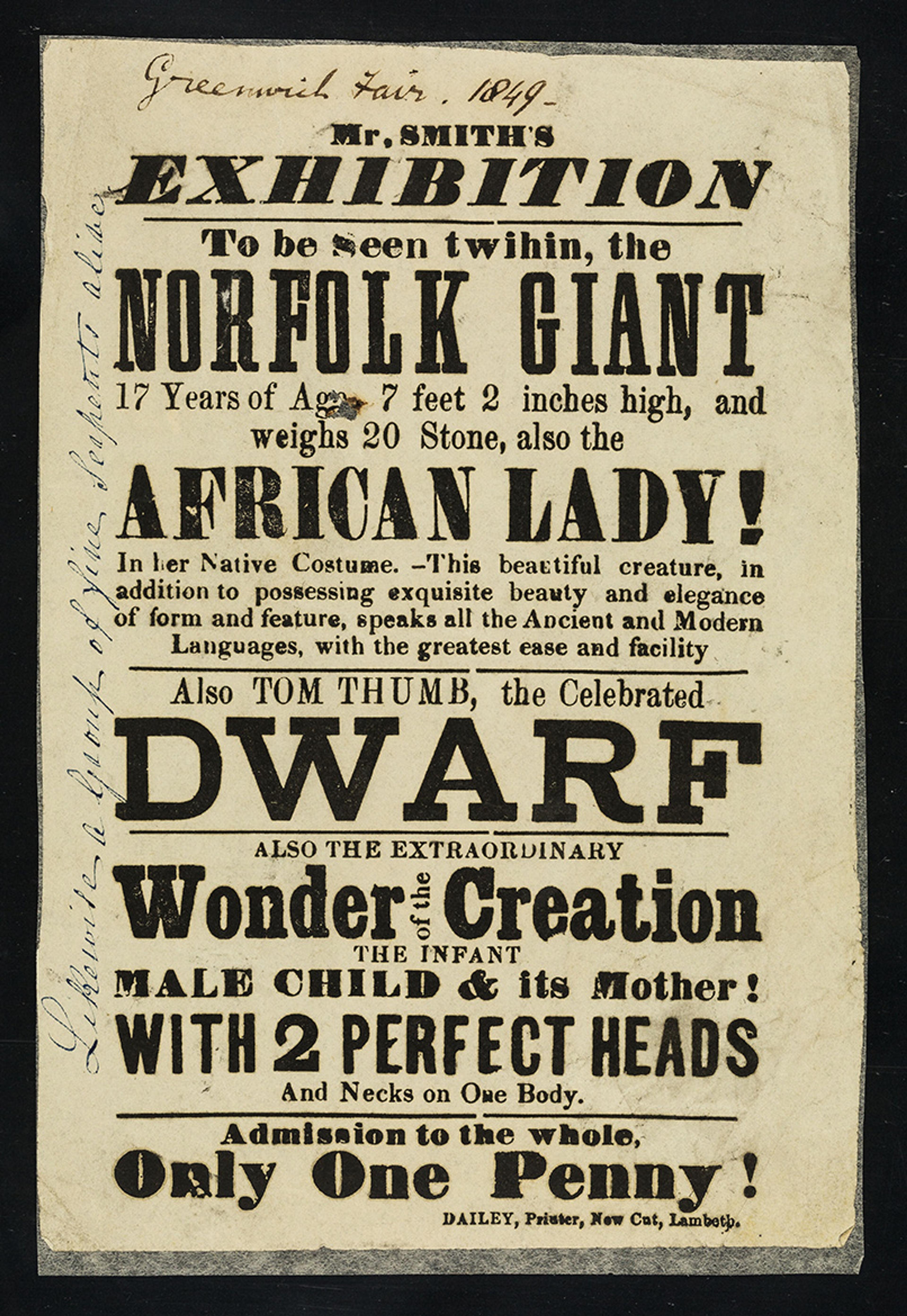 Vintage exhibition poster from 1849 advertising unique performers including a giant, lady, dwarf and more.