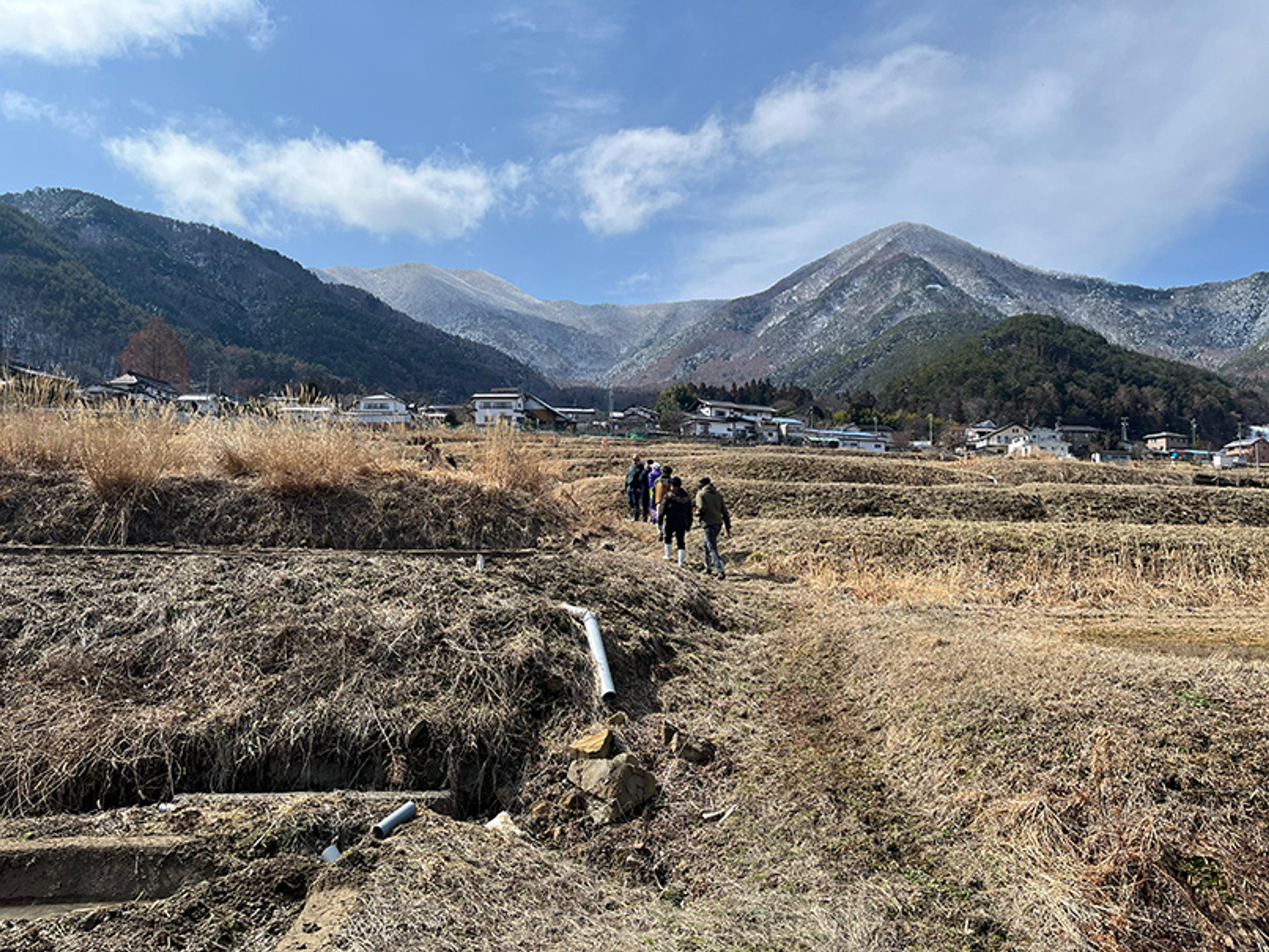 Photo of people walking through a rural field towards mountains under a partly cloudy sky.