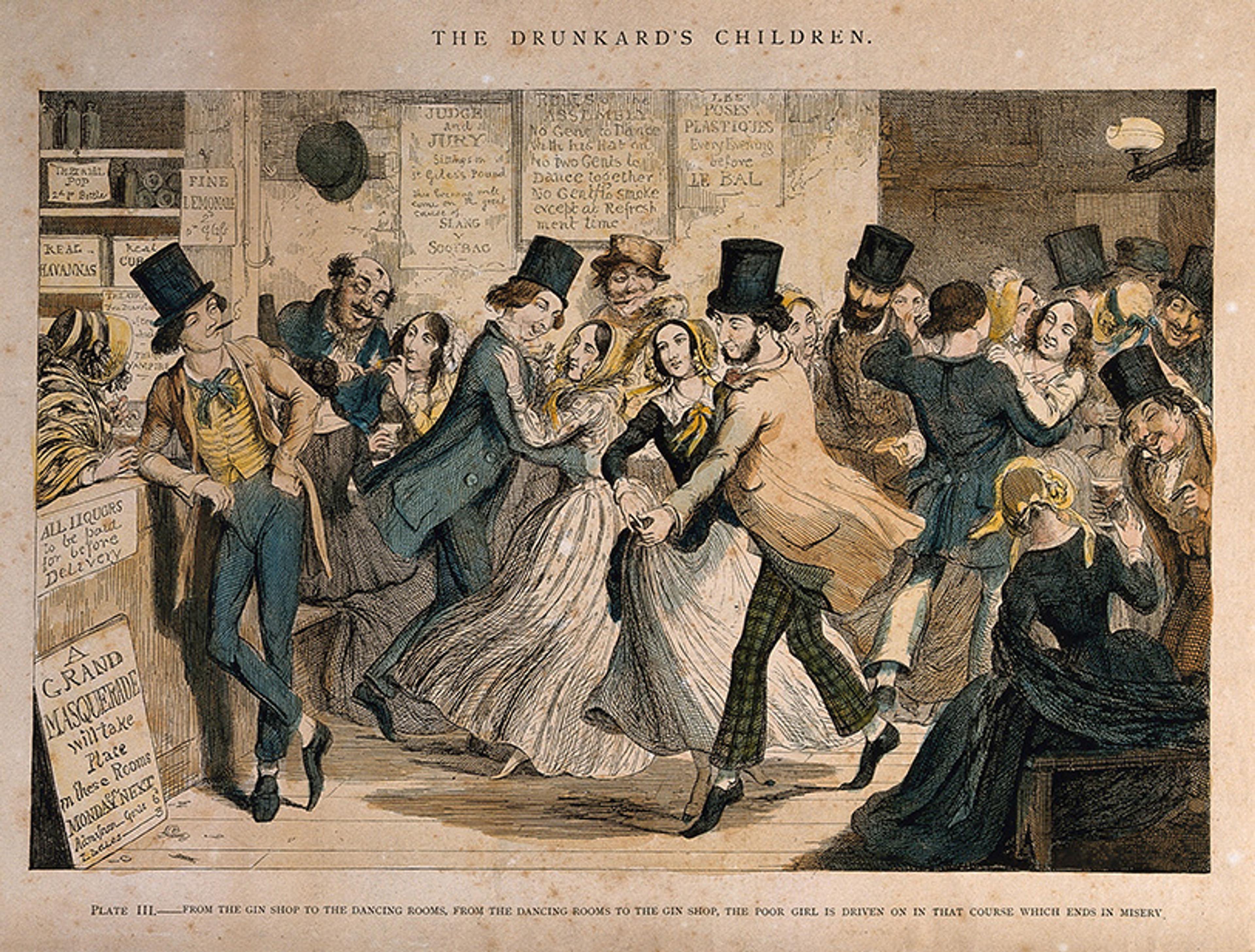 A 19th-century illustration showing a lively Victorian dance scene with elegantly dressed people, titled “The Drunkard’s Children”.