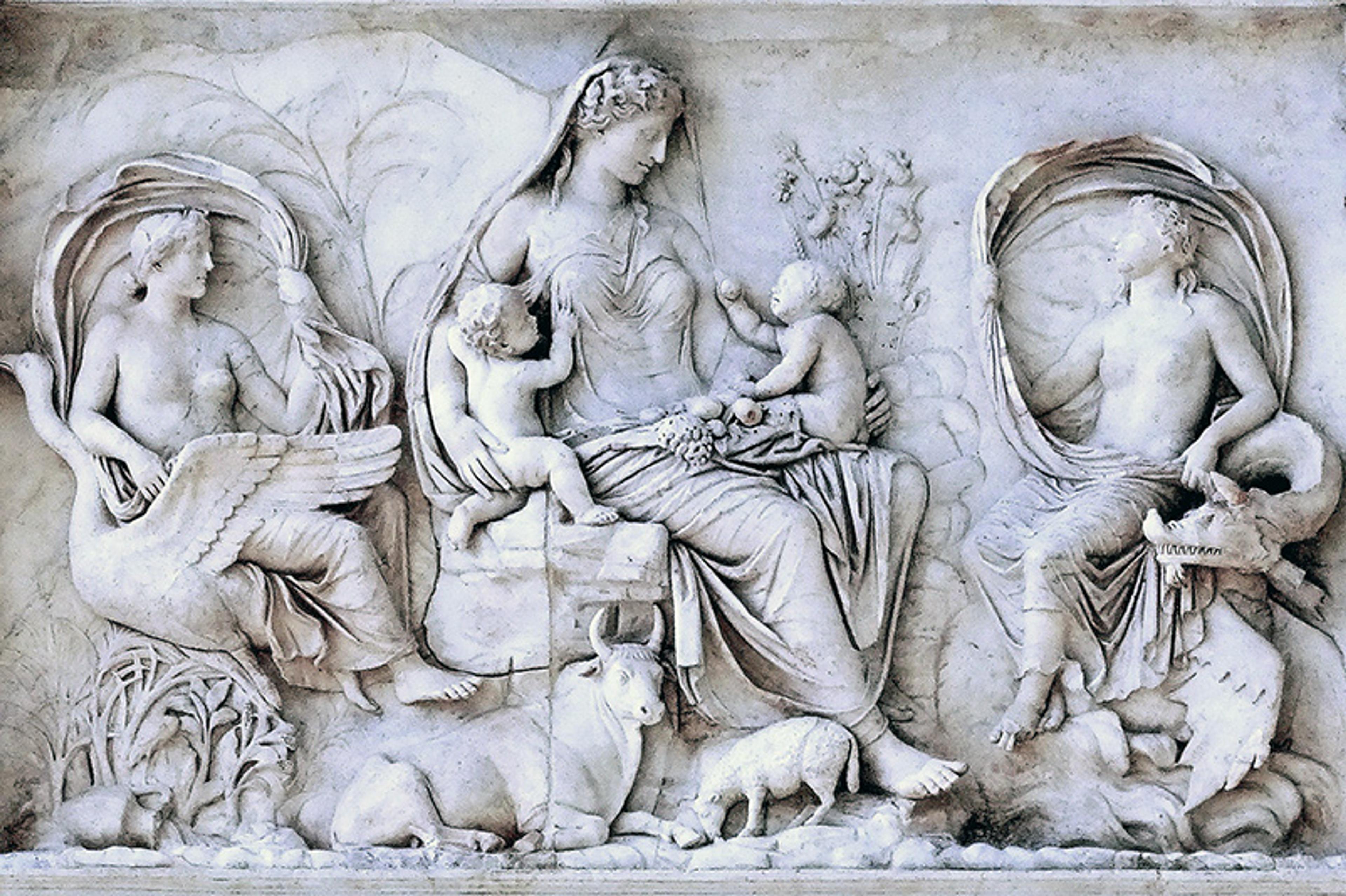 Ancient marble relief sculpture of a seated woman with children, flanked by two figures with animals, depicting a pastoral scene.