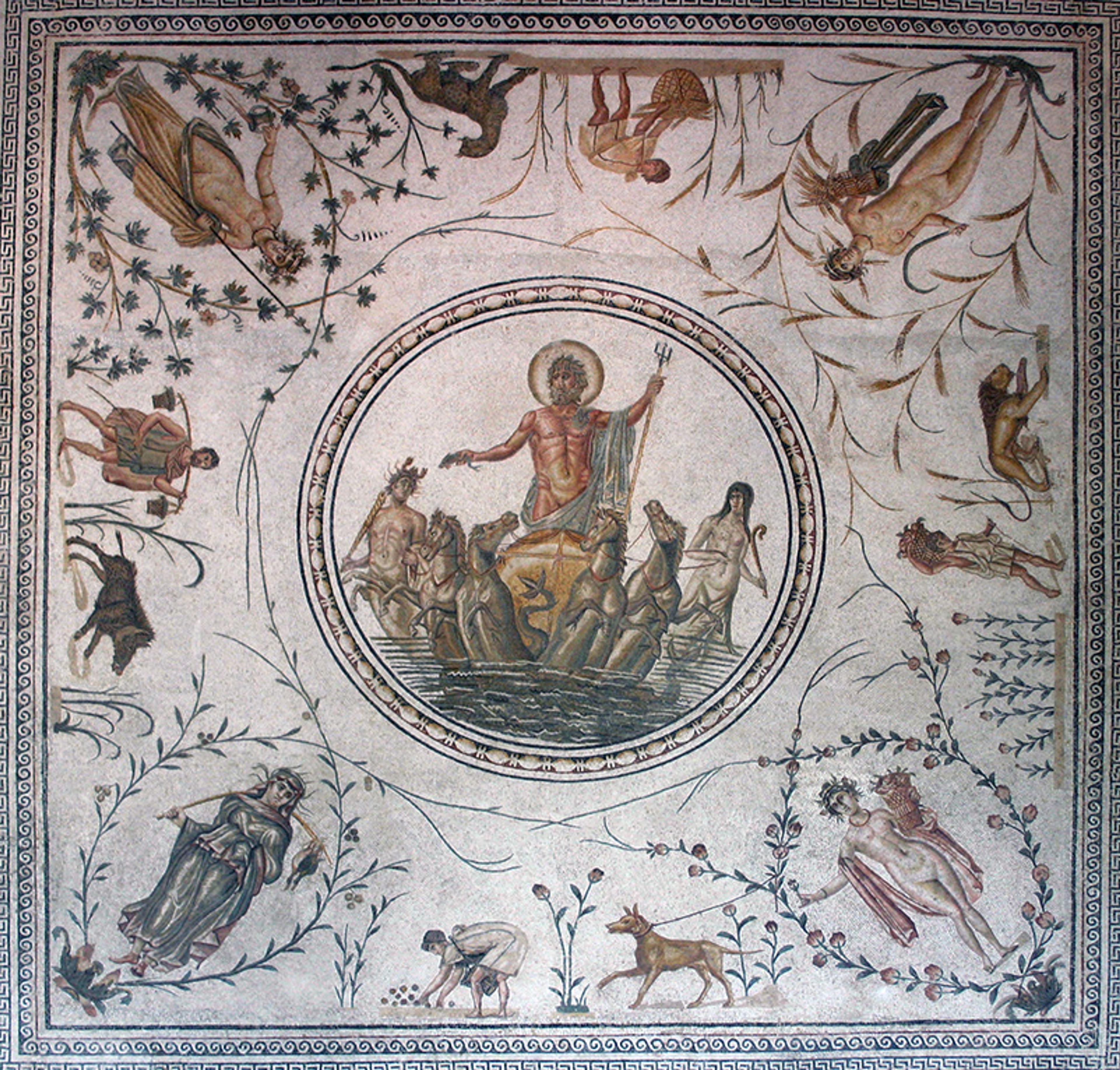 Ancient mosaic depicting mythological scenes with a central figure holding a trident surrounded by other figures and decorative elements.