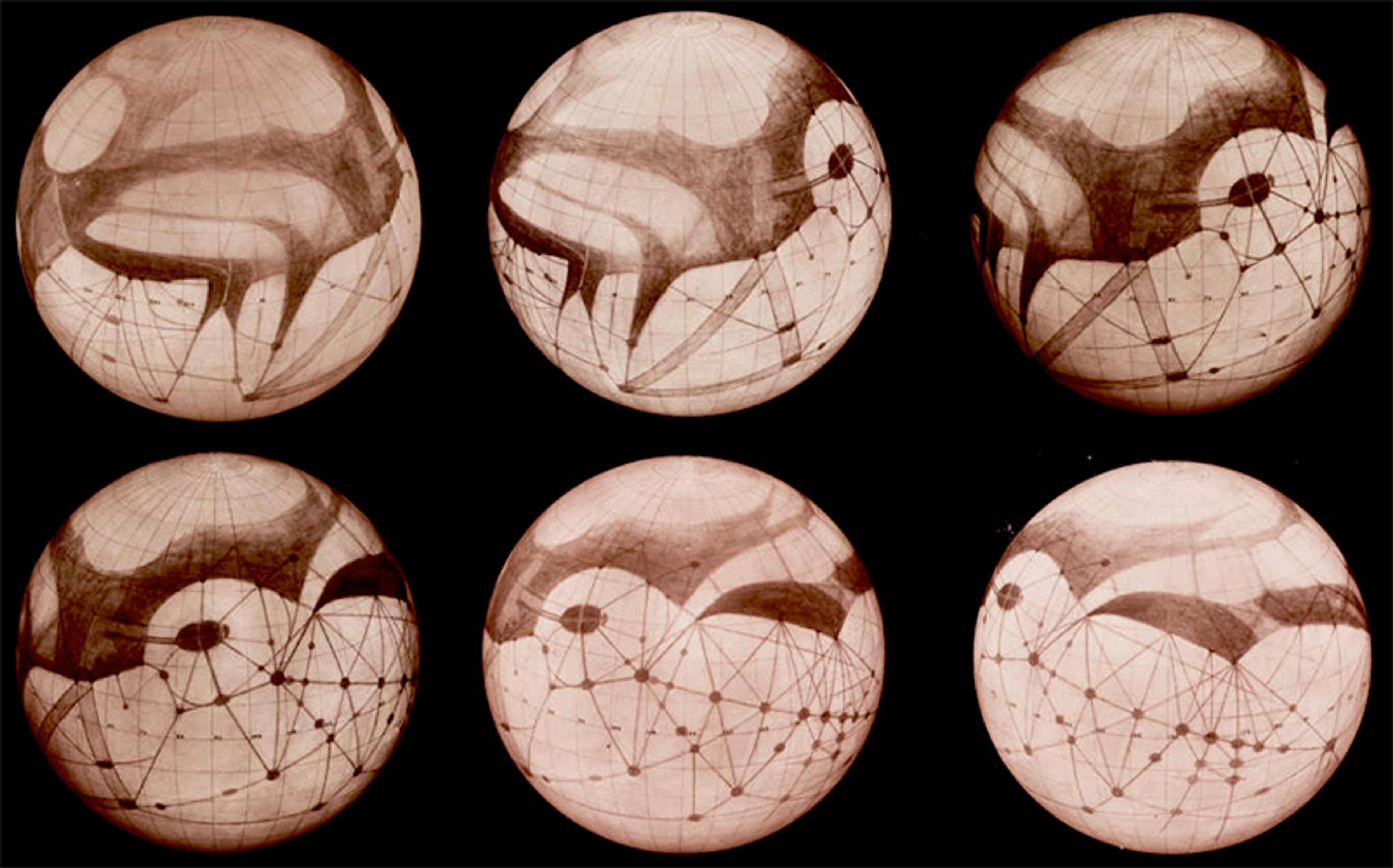 Six sepia-tone diagrams of lines connected by circular nodes, showing different angles of a sphere.