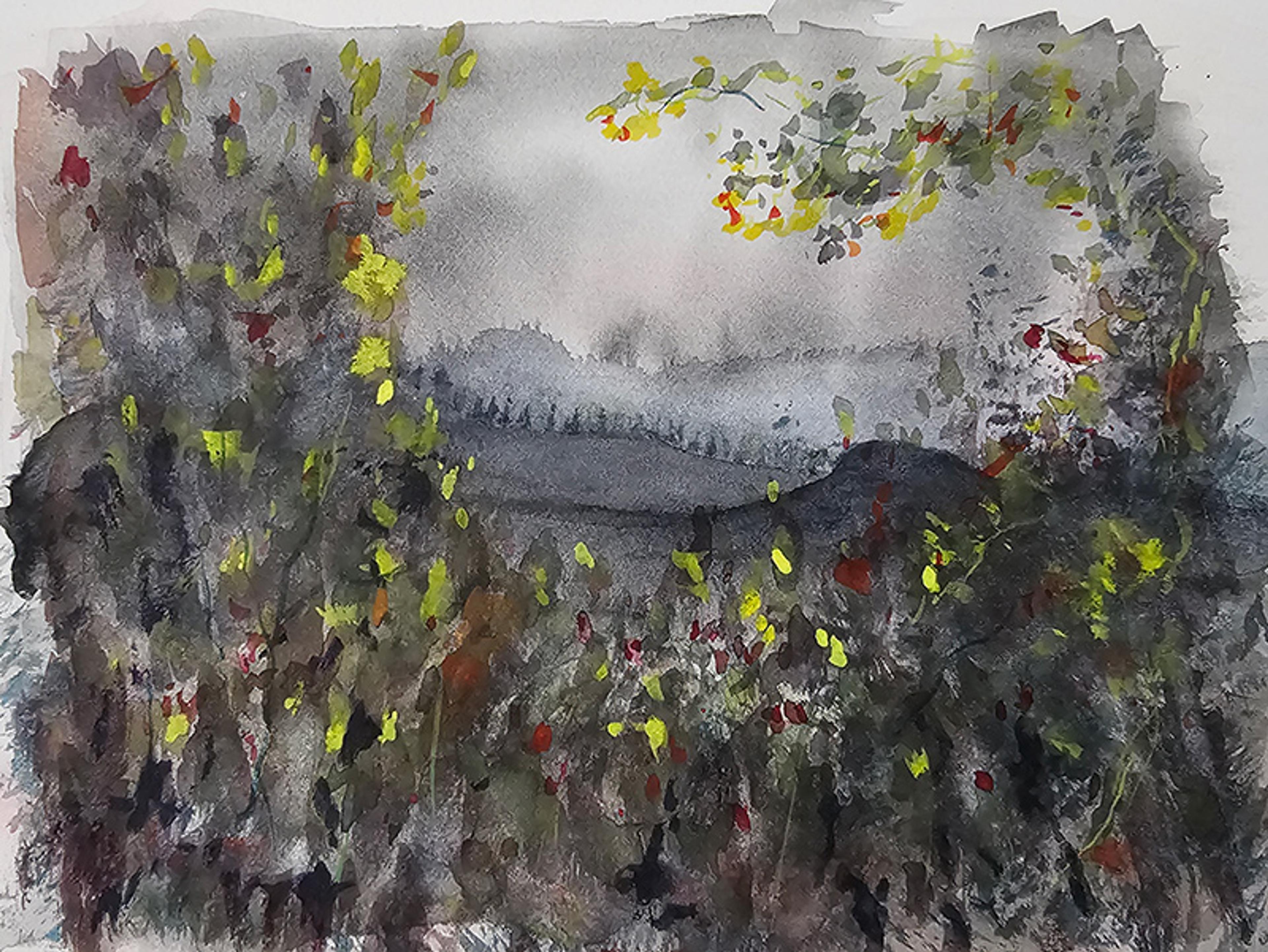 Watercolour painting of a misty landscape with trees and colourful leaves in the foreground.