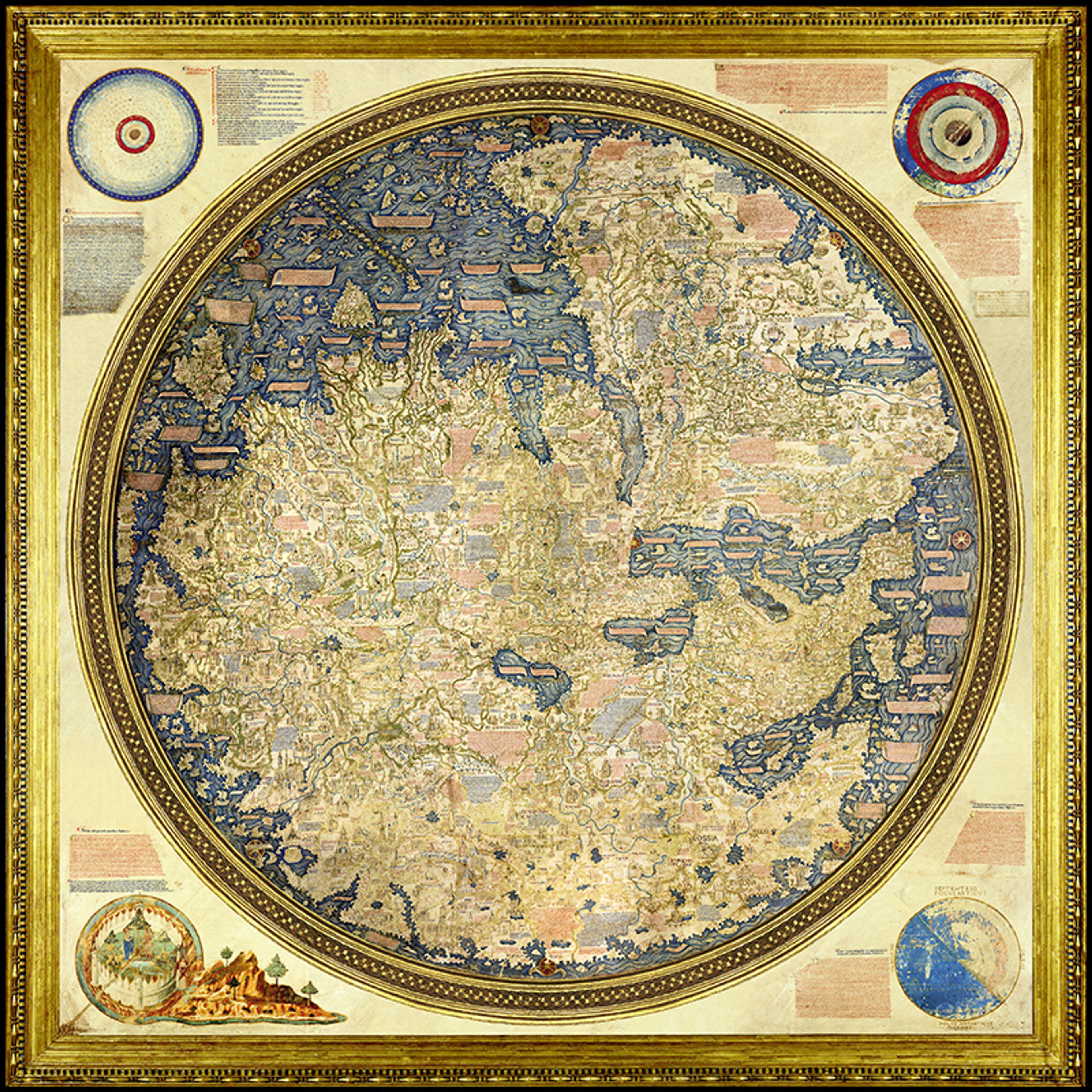 Intricately detailed medieval circular map in a gold frame with surrounding text and diagrams.