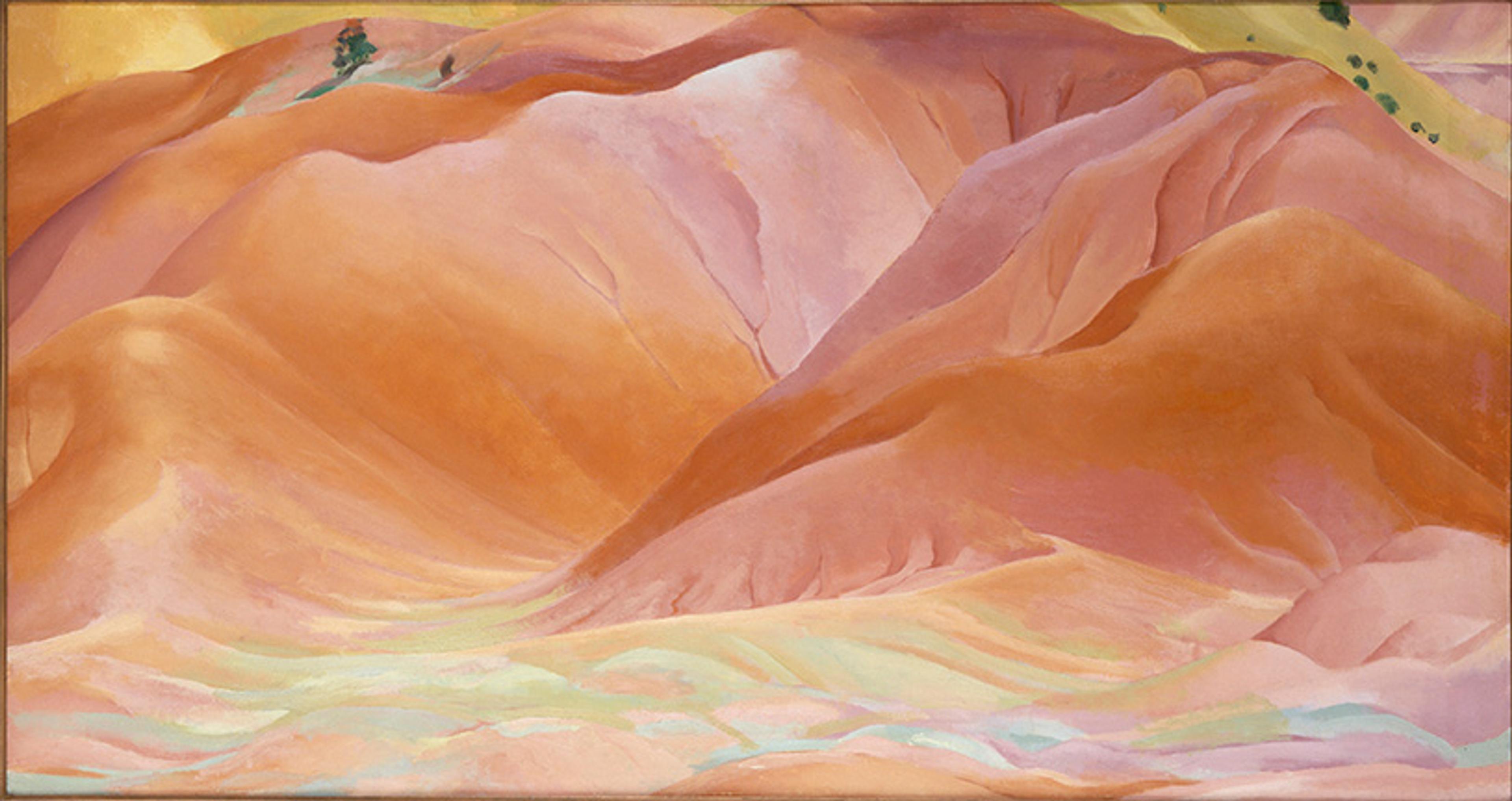 Painting of undulating orange and pink hills with sparse green trees in the distance.