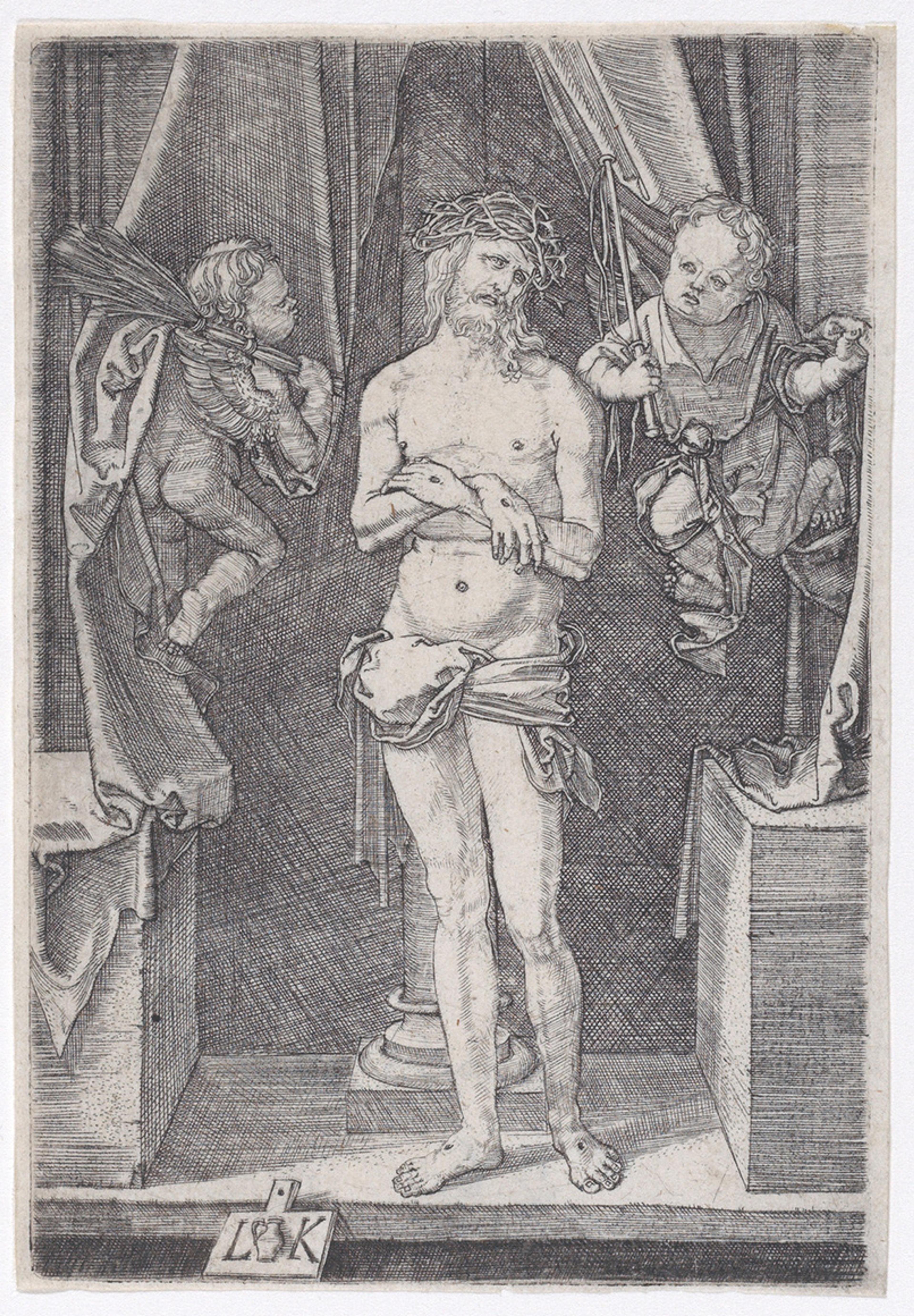 Engraving of a crowned figure with two cherubs in a classical setting, draped in a loincloth.