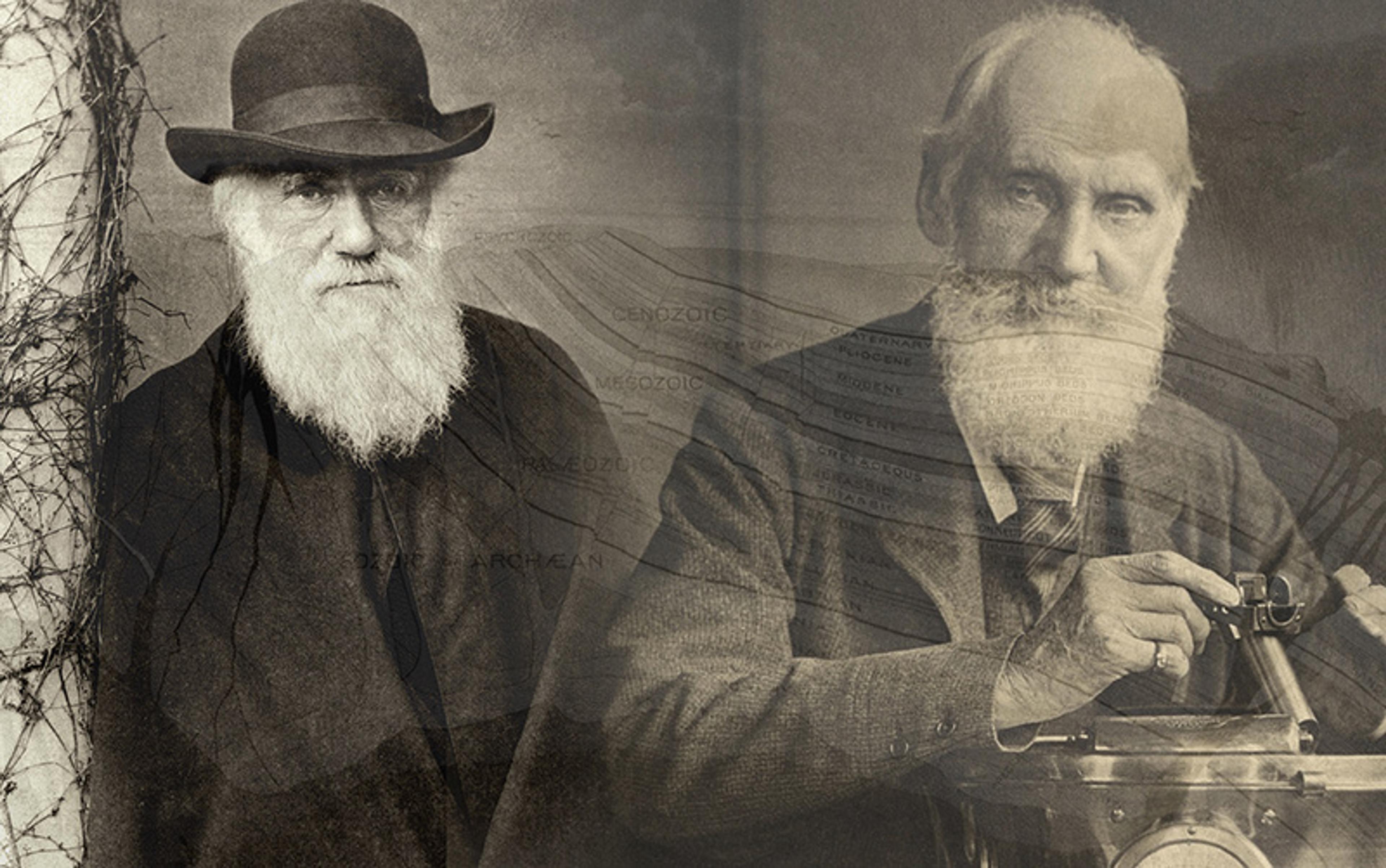 Sepia collage of two bearded men in vintage attire with a transparent overlay of a geological diagram