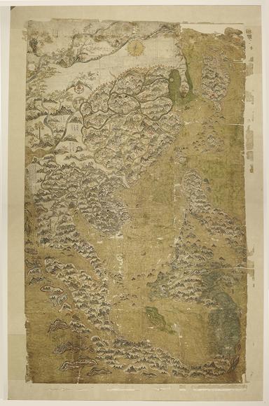 Ancient map with detailed illustrations of rivers and mountains, showing signs of ageing; historical artwork on parchment.