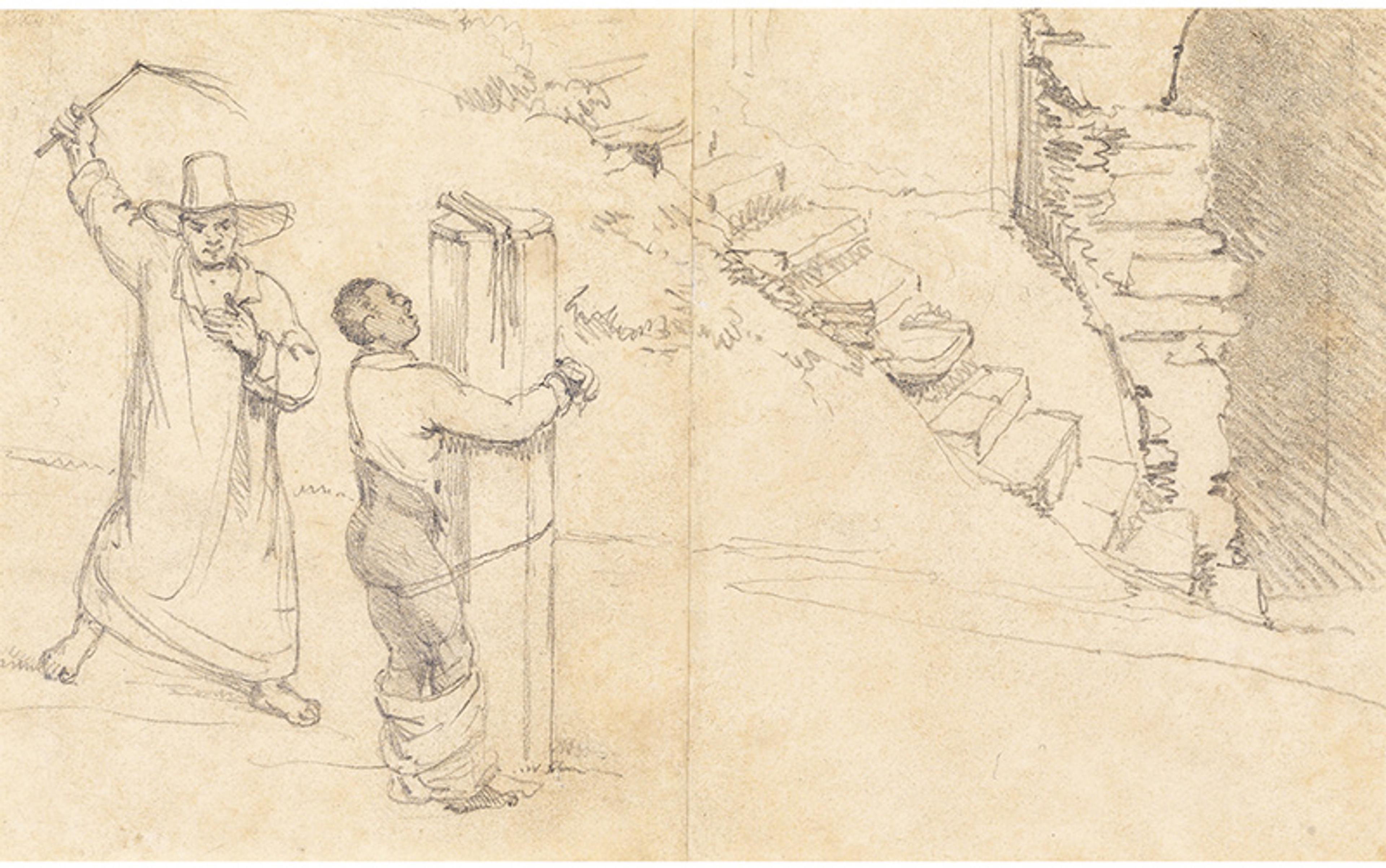 Pencil drawing showing a person tied to a post and another in a hat wielding a whip outdoors with steps on the right.