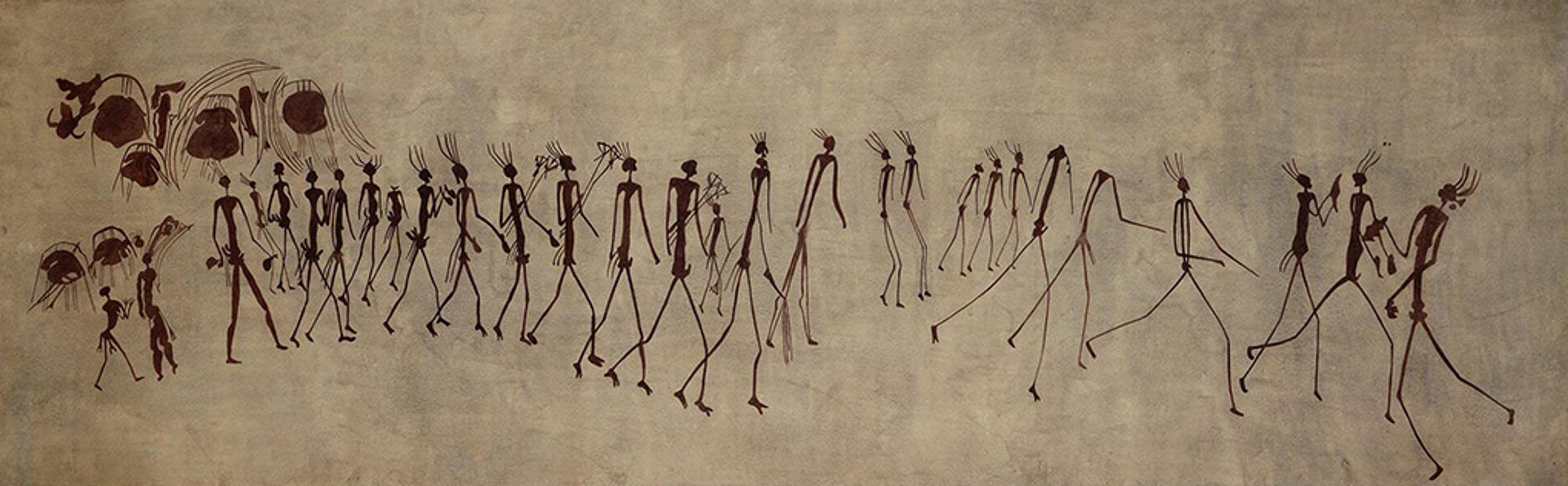Prehistoric cave painting showing a procession of elongated human figures with exaggerated limbs and a group of abstract shapes.