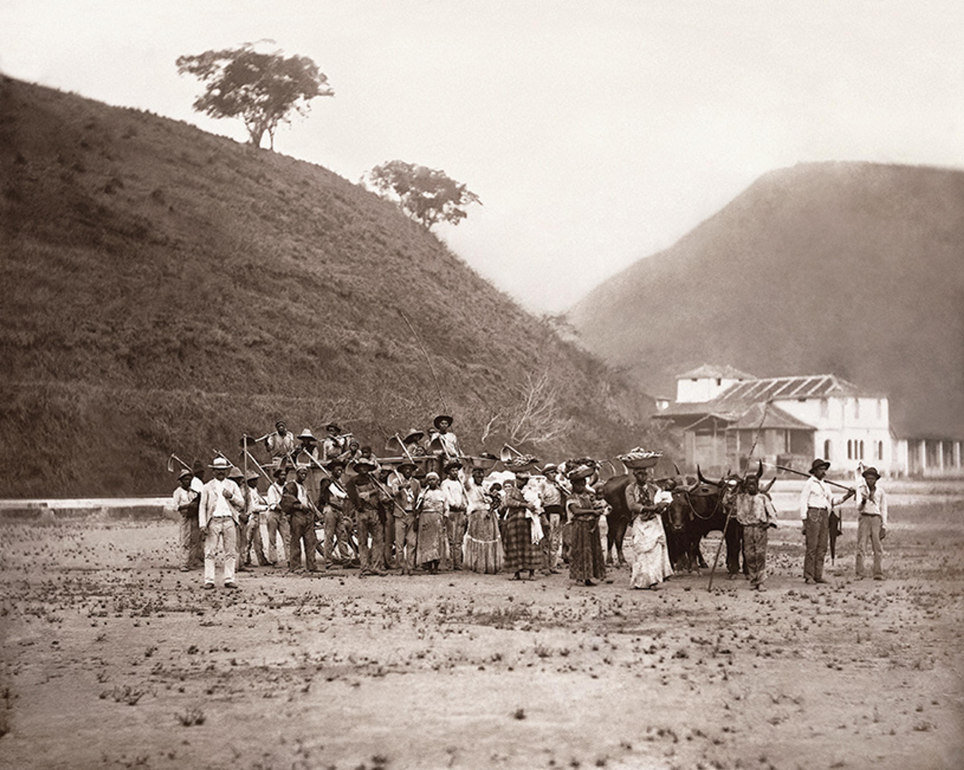 Historic black-and-white photo of a group of people with tools and oxen, set against hills and buildings, likely rural scene.