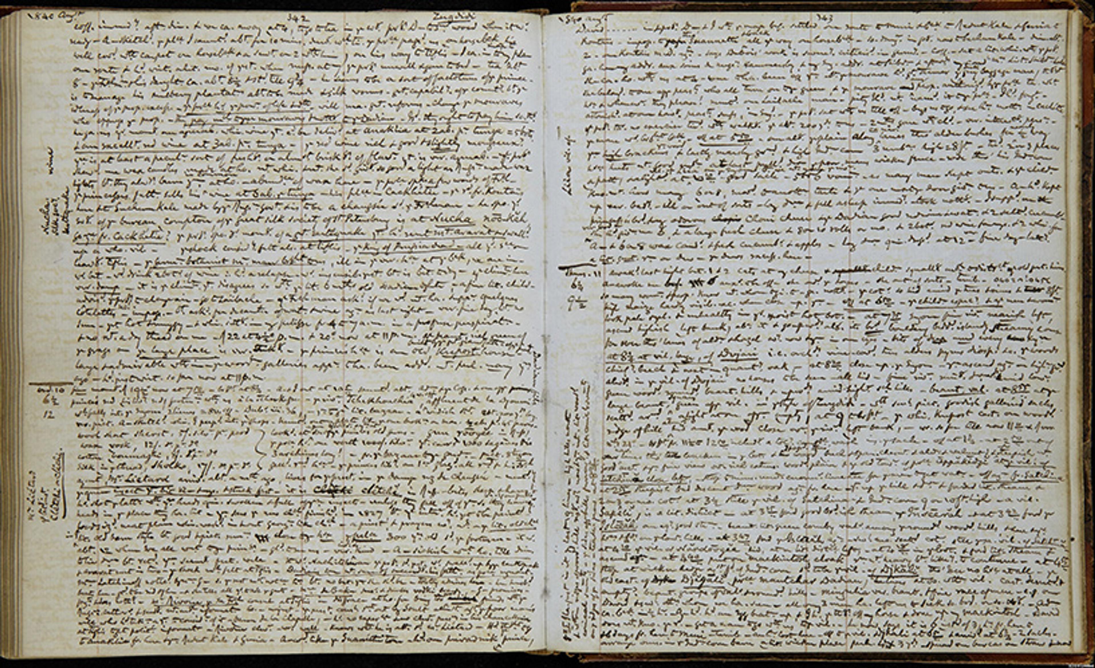 Dense, small handwritten text and annotations covering two open pages of an old diary.