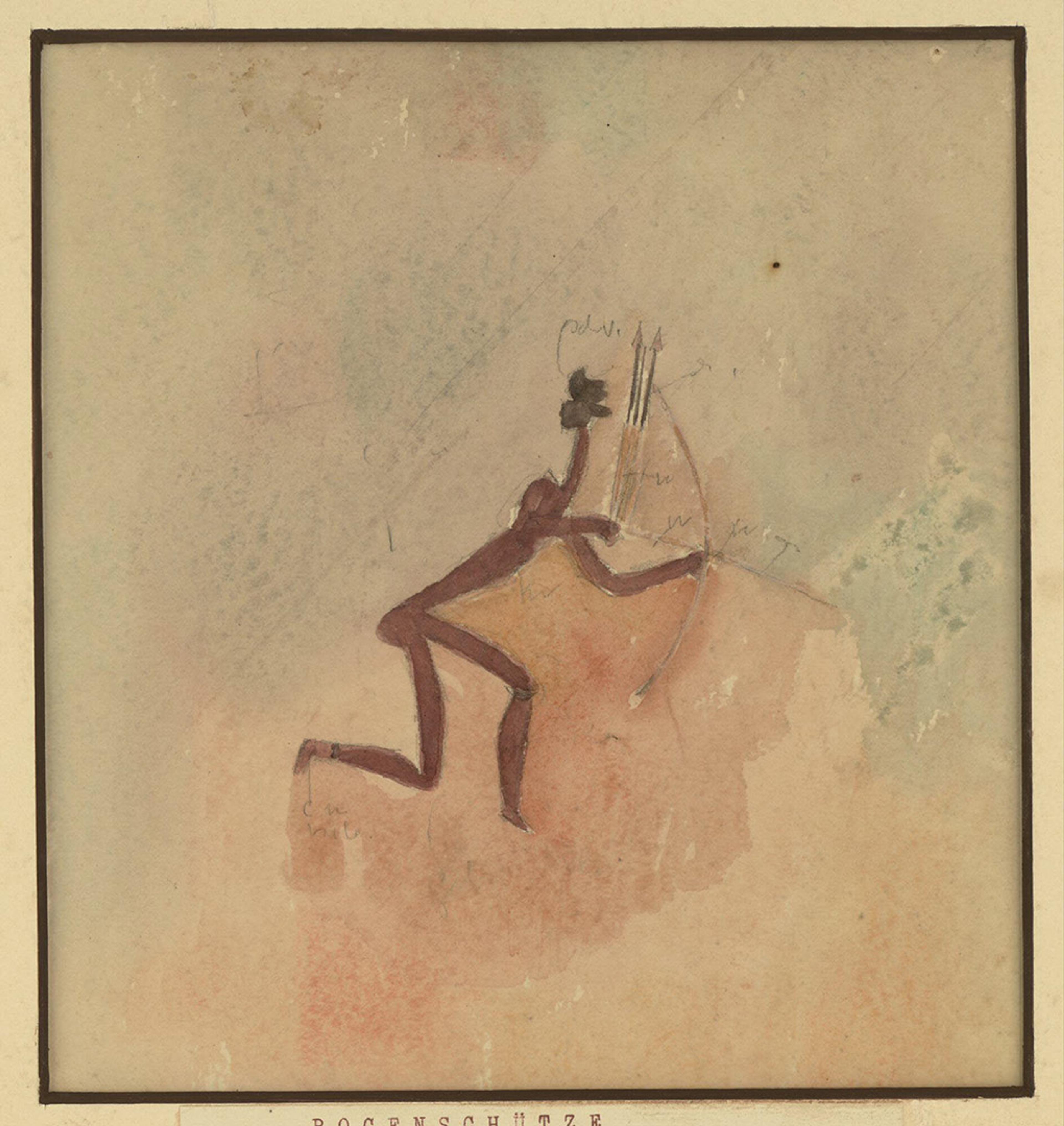 Watercolour painting of a stylised archer drawing a bow, depicted in earthy tones on a light textured background.