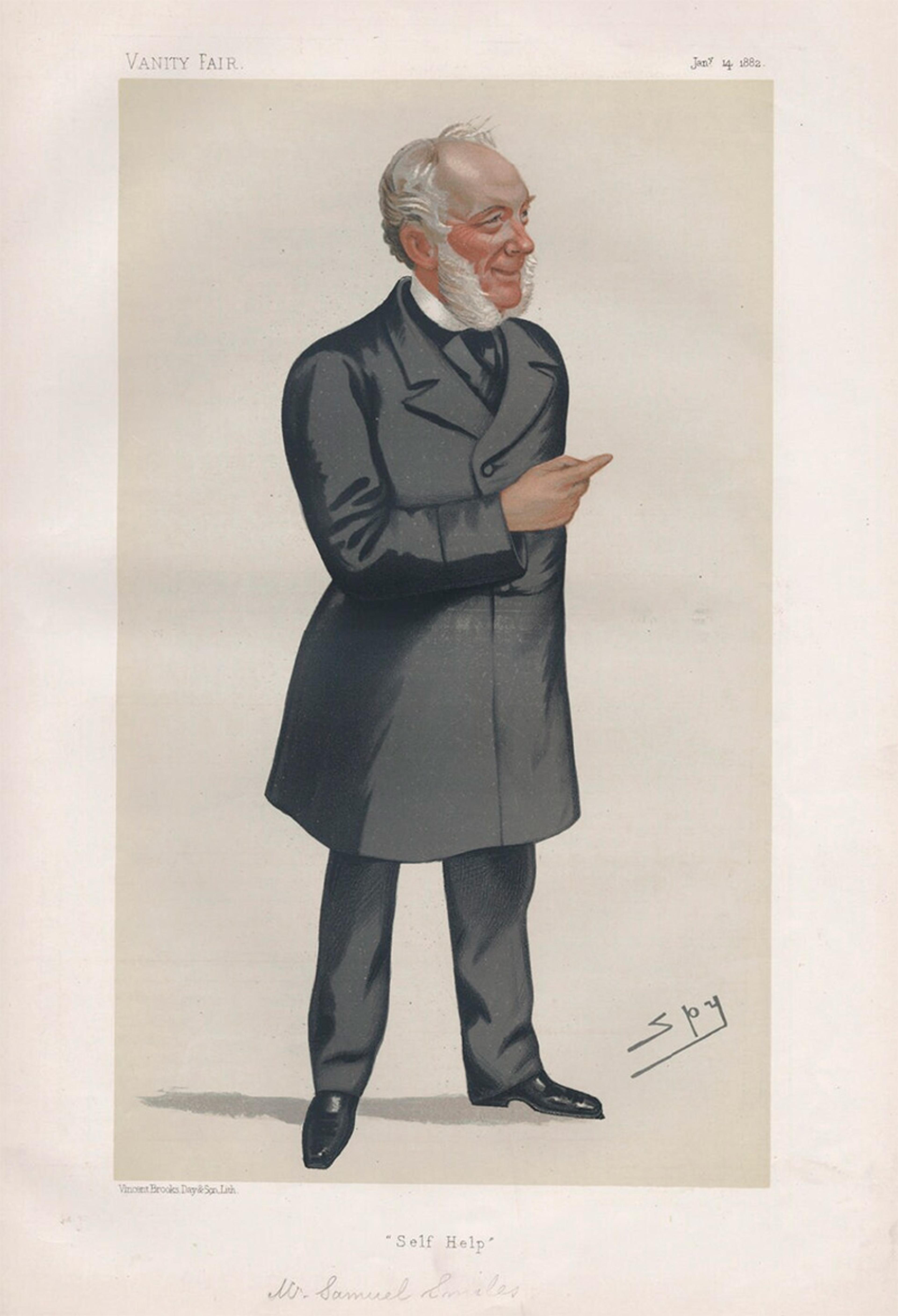 Caricature of a man in a dark suit with sideburns pointing, labelled “Self Help”, from Vanity Fair magazine.