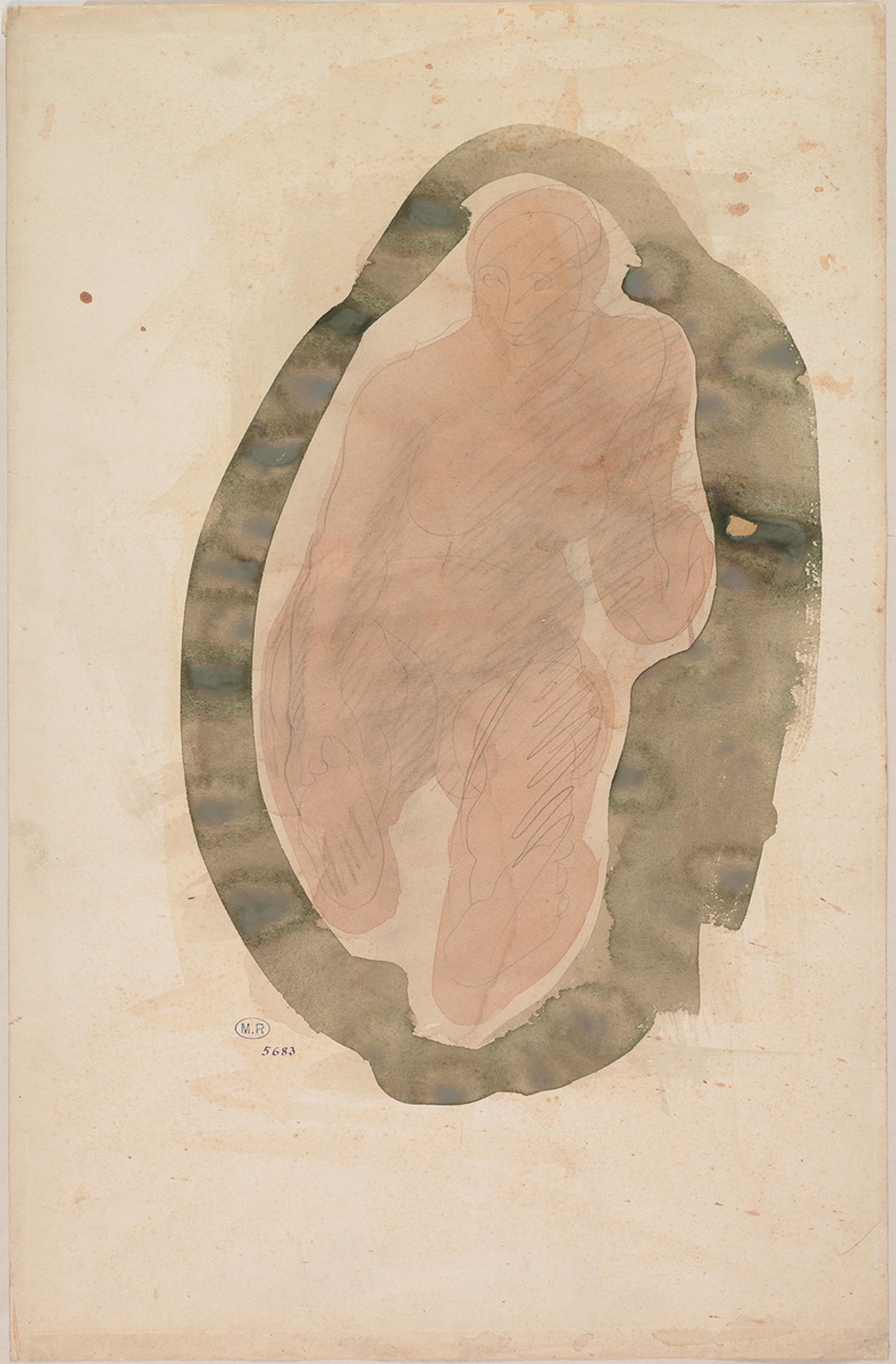 Watercolour painting of a seated human figure, sketched in soft browns and greys on aged paper